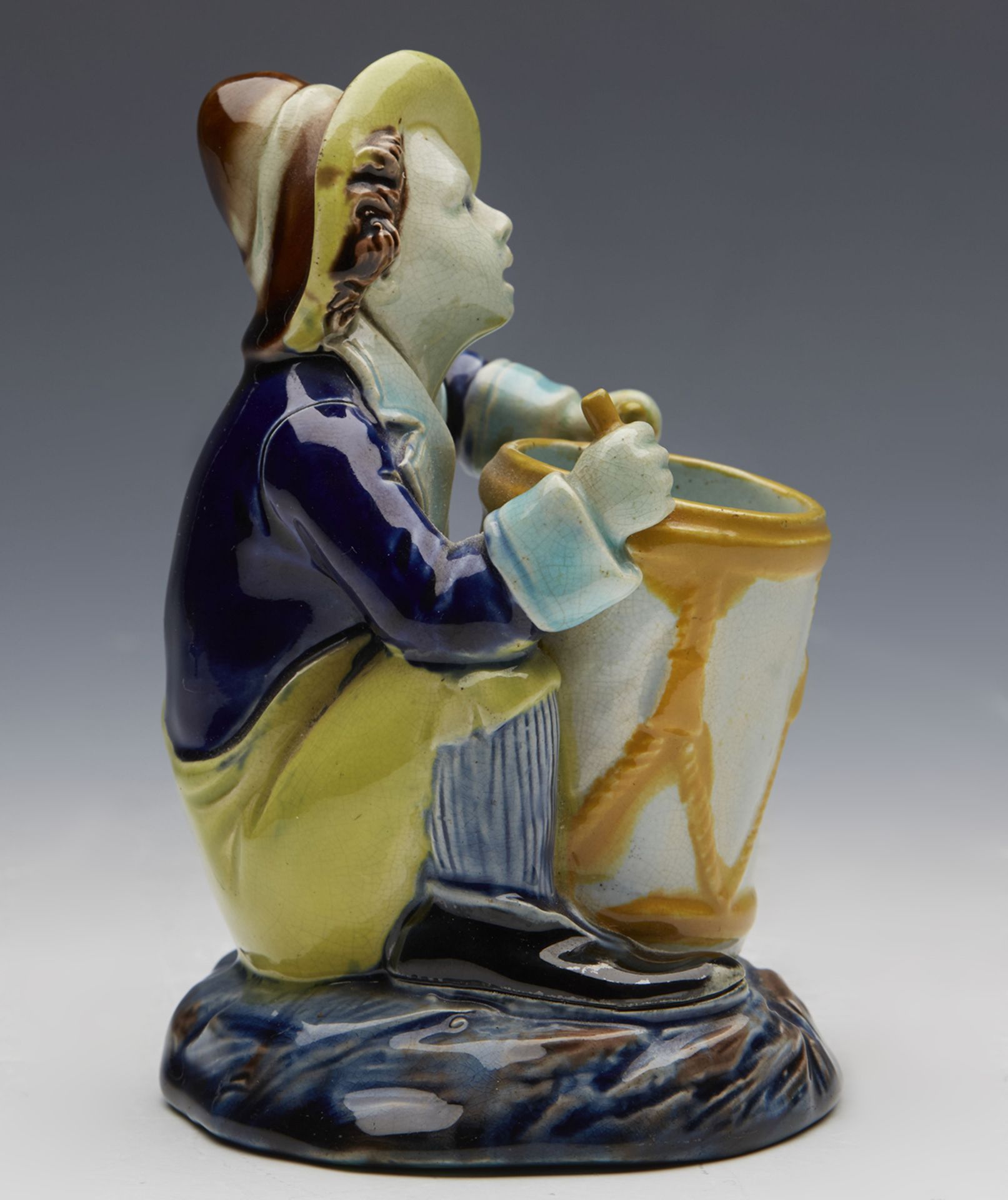 ANTIQUE ENGLISH HOLDCROFT MAJOLICA DRUMMER BOY TOOTHPICK HOLDER 19TH C. - Image 2 of 6