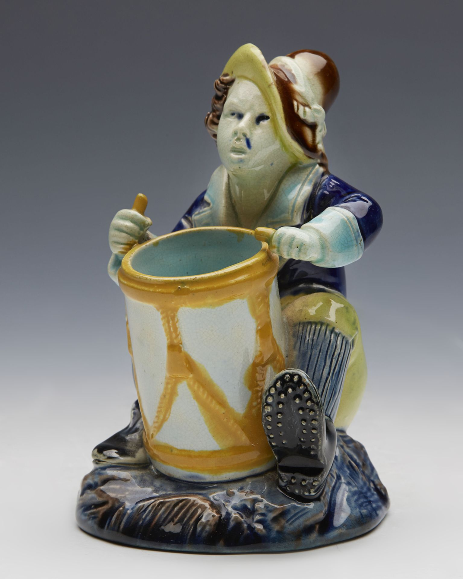 ANTIQUE ENGLISH HOLDCROFT MAJOLICA DRUMMER BOY TOOTHPICK HOLDER 19TH C.