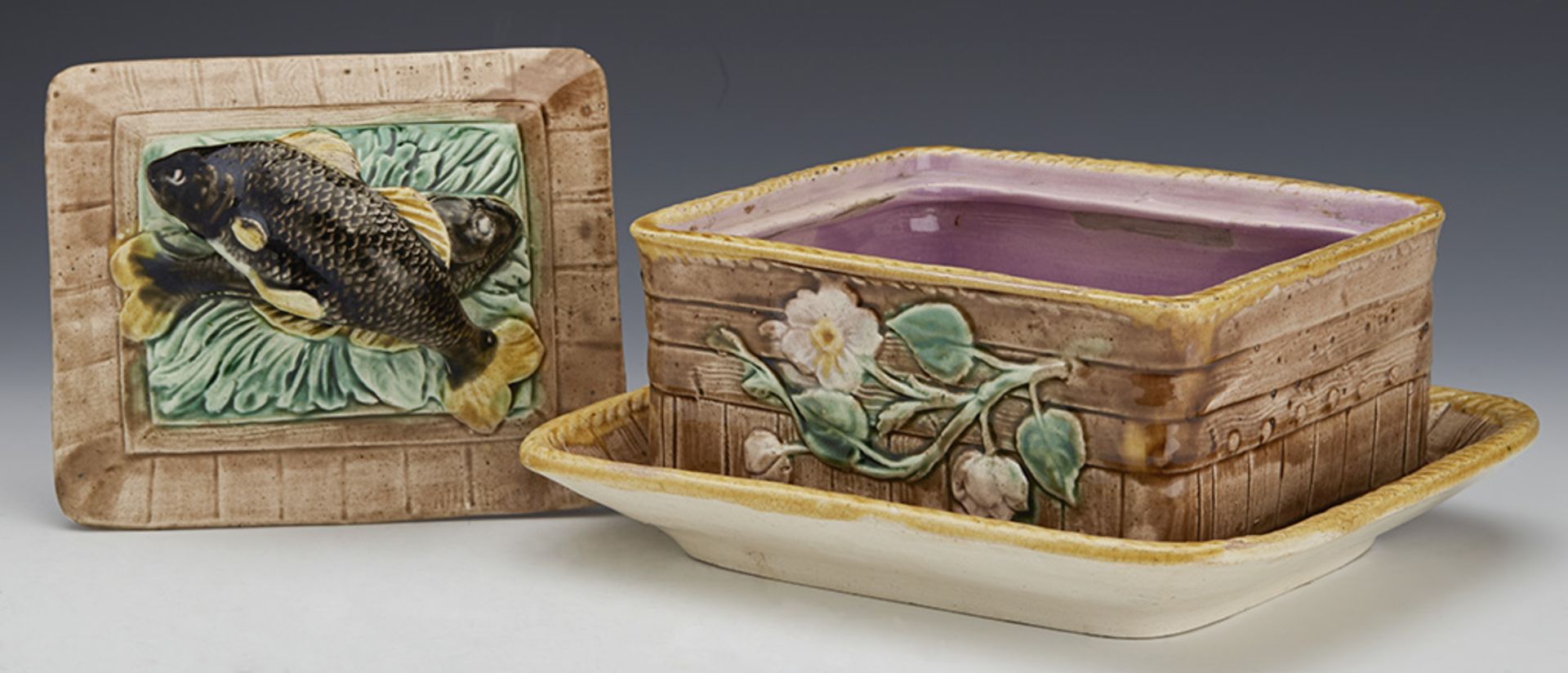ANTIQUE ENGLISH MAJOLICA SARDINE DISH WITH FISH AND FLOWERS C.1865 - Image 5 of 10