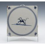 ANTIQUE DELFT FAIENCE BLUE & WHITE TILE WITH DOG 18/19TH C