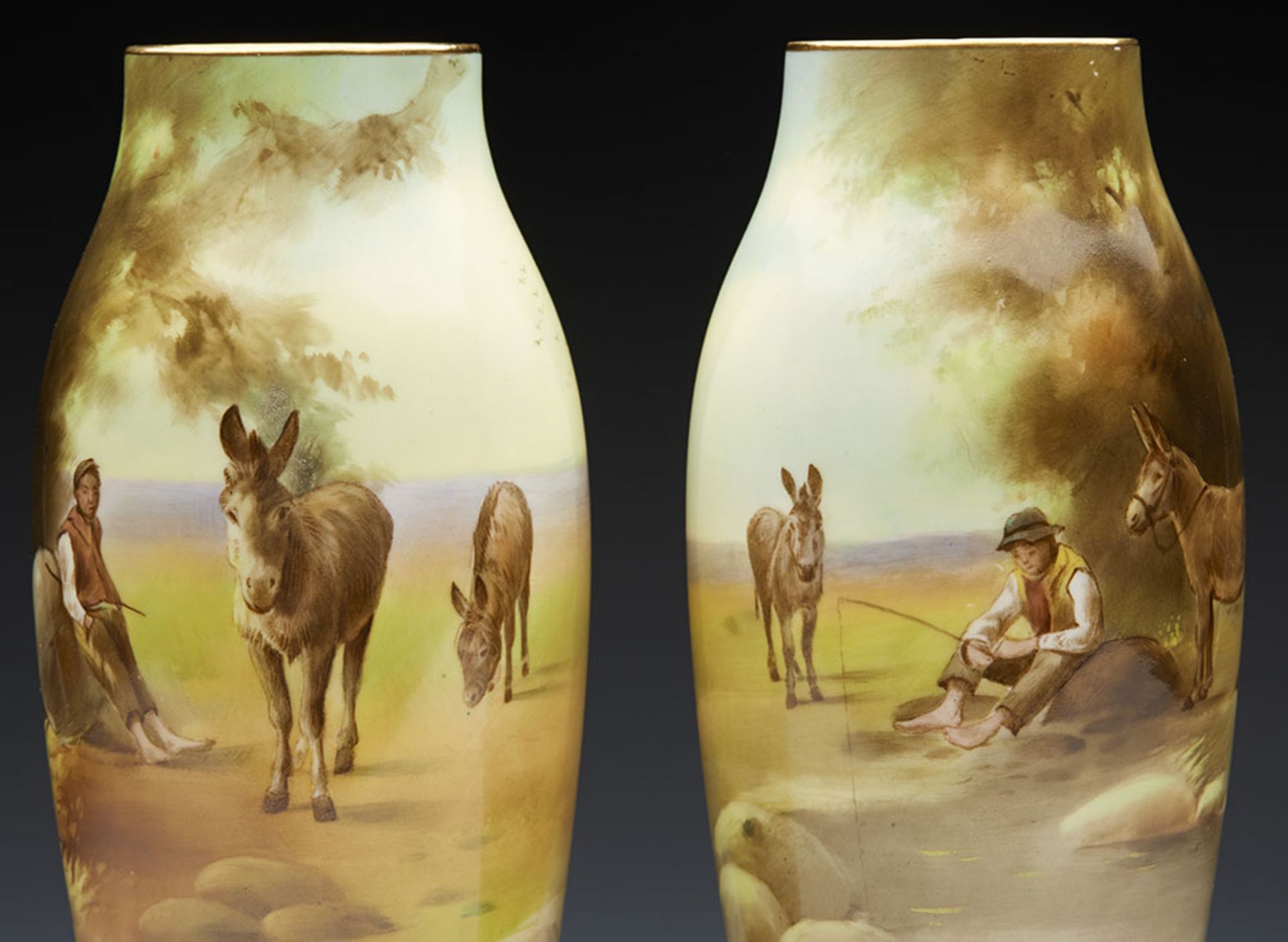 PAIR ROYAL DOULTON HAND PAINTED BOY WITH DONKEYS VASE C.1920 - Image 2 of 10