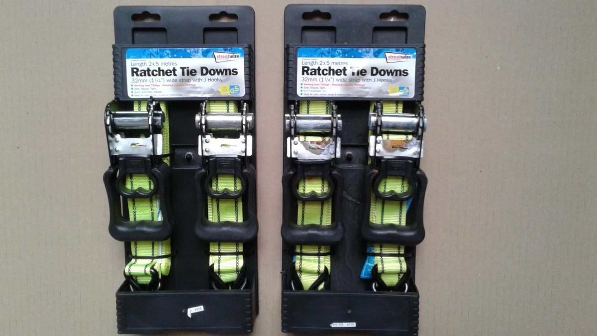 5 x sets 5metre heavy duty ratchet tie down set - new unused - some oxidised metal on some sets -