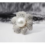 Picchiotti 18k White Gold South Sea Pearl & 7.80ct Diamond Flower Ring