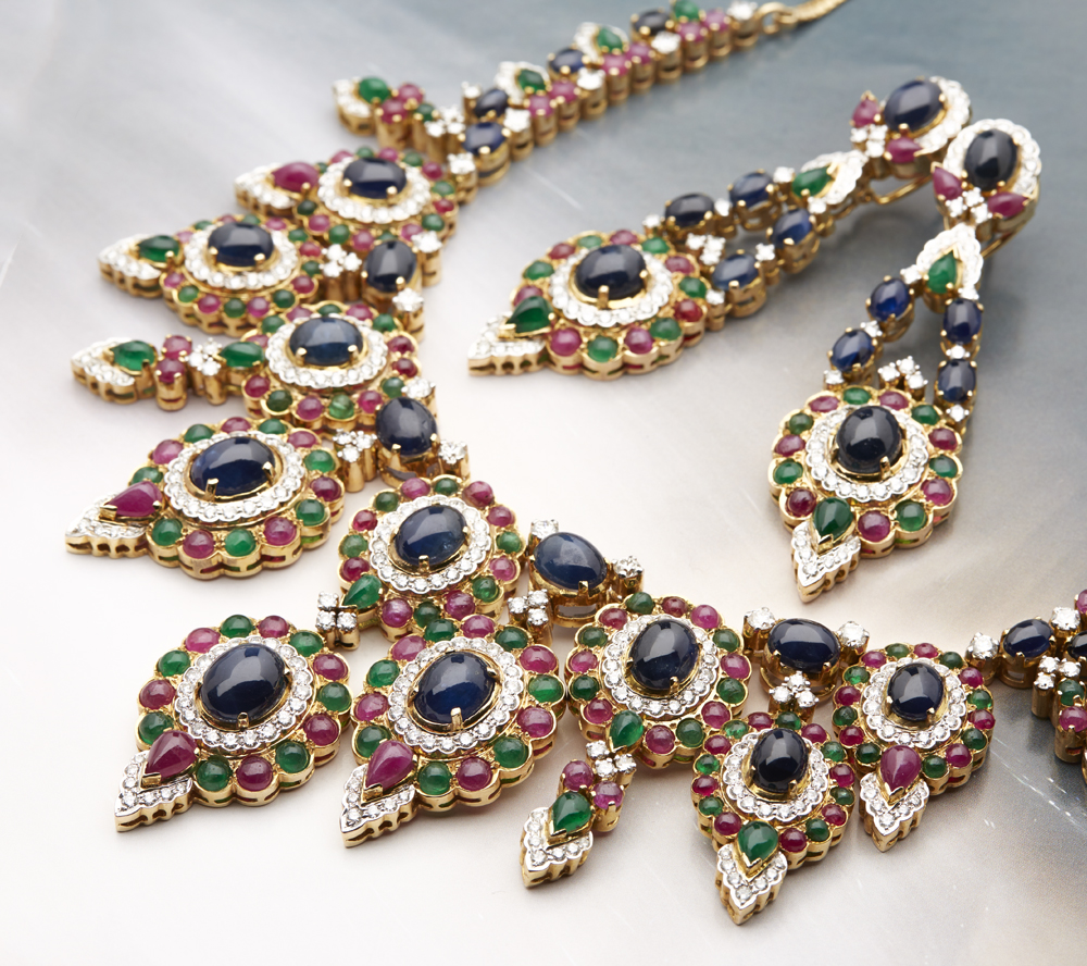 18k Yellow Gold Sapphire, Ruby, Emerald & Diamond Necklace & Earring Set