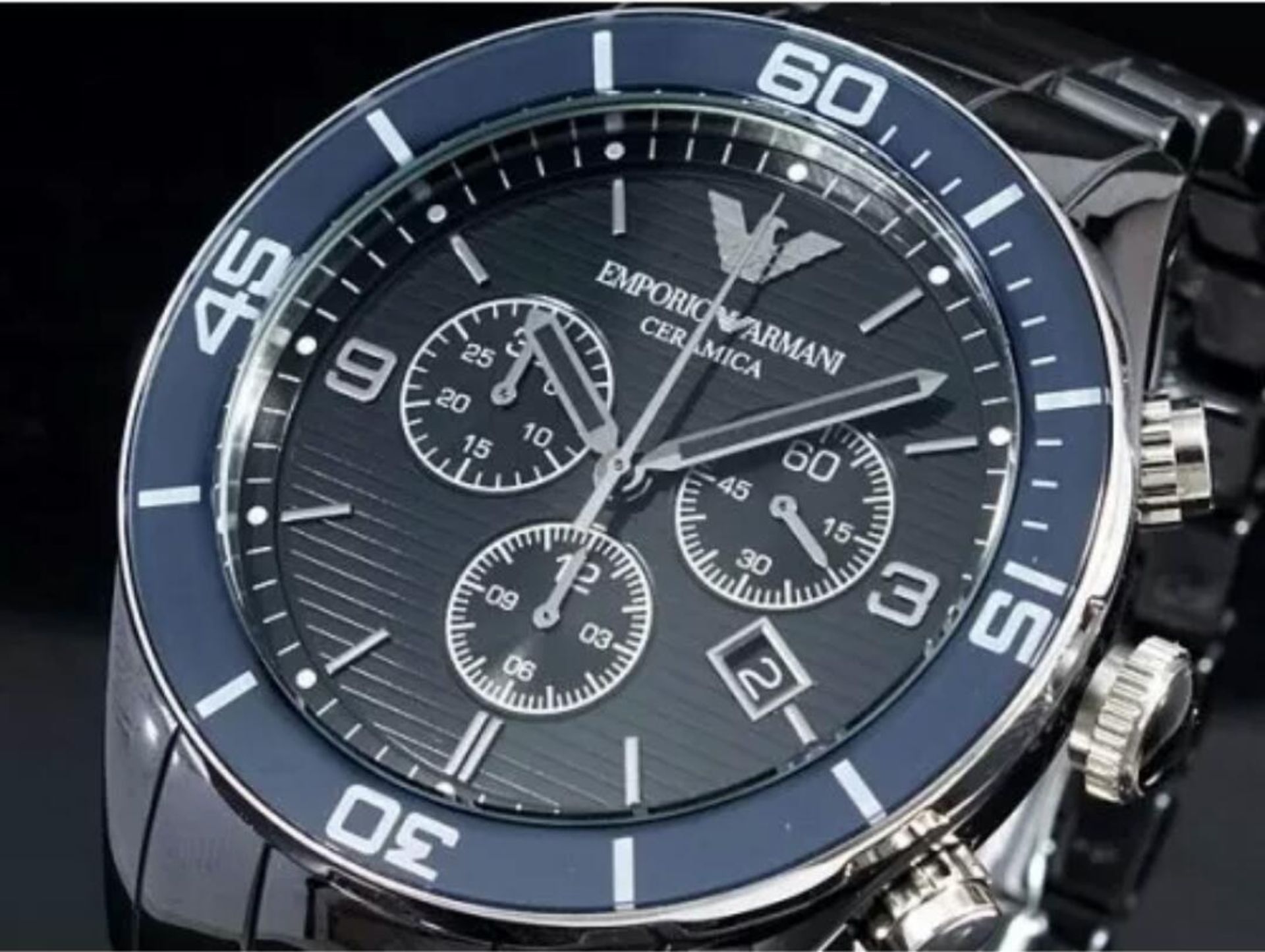 BRAND NEW EMPORIO ARMANI AR1429, GENTS CERAMICA CHRONOGRAPH WATCH, BLUE BEZEL WITH BLACK CERAMIC