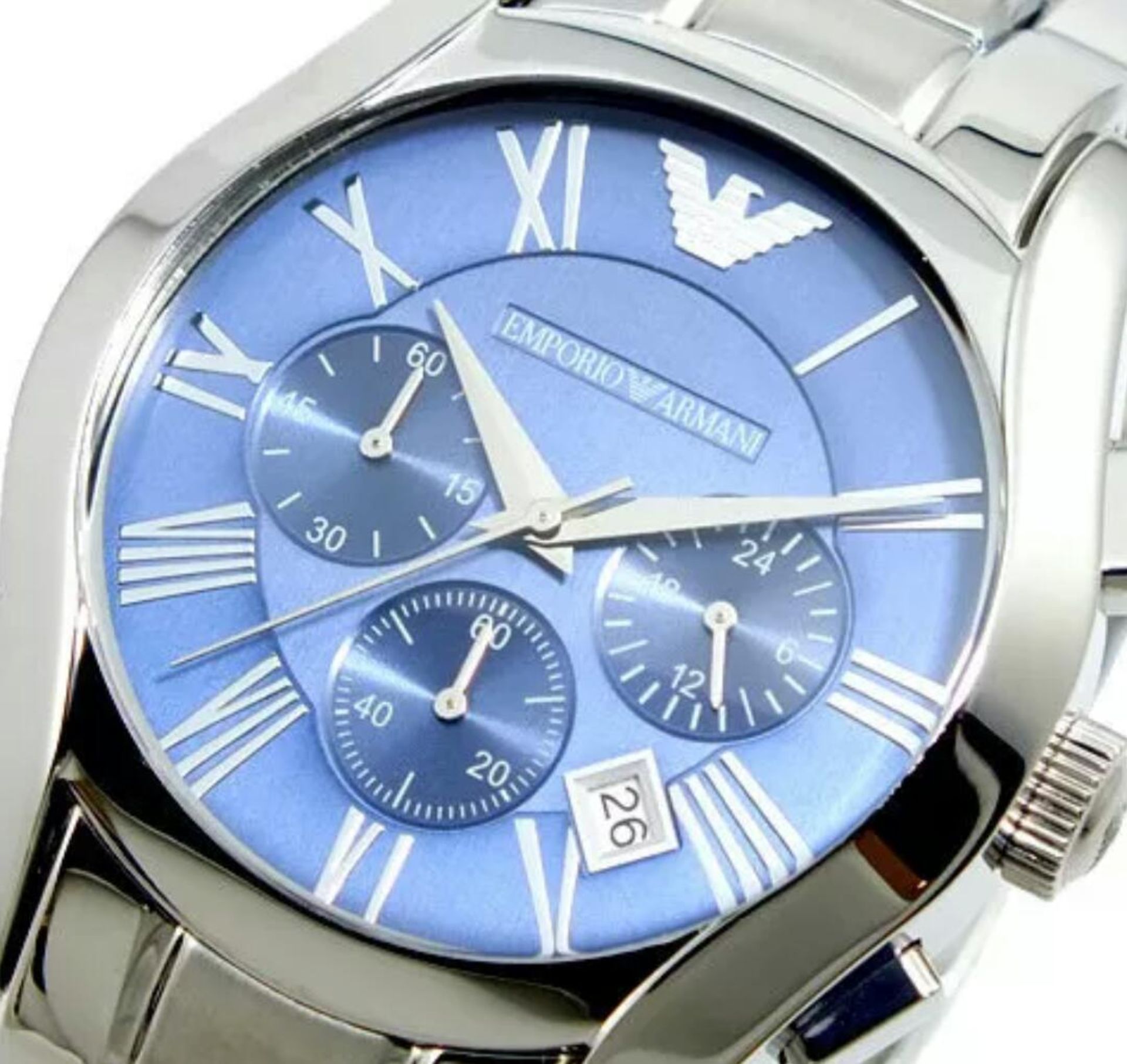 BRAND NEW EMPORIO ARMANI AR1635, GENTS CHRONOGRAPH WATCH , BLUE FACE WITH STAINLESS STEEL BRACELET -