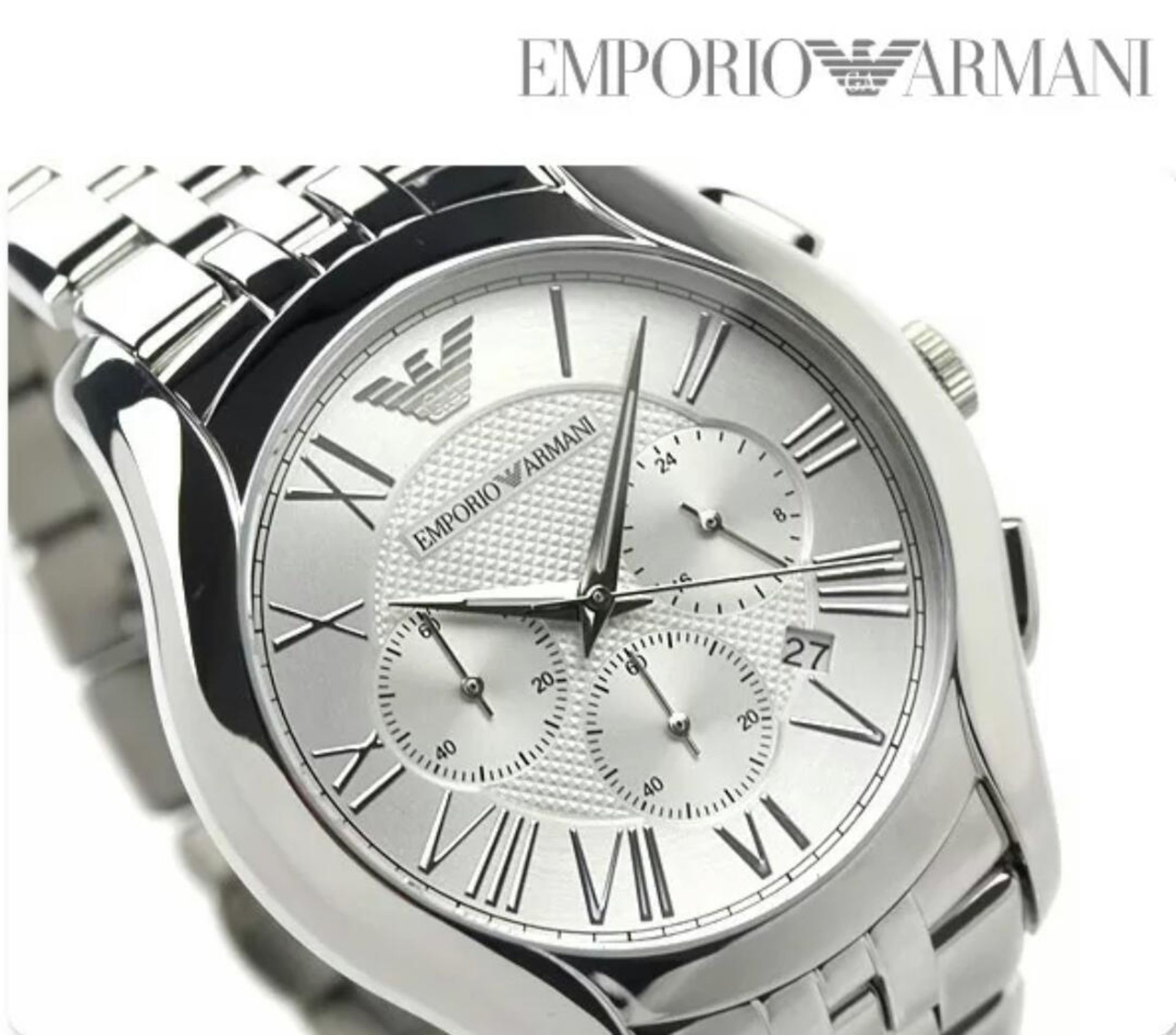 BRAND NEW EMPORIO ARMANI AR1702, GENTS CLASSIC SILVER TONE CHRONOGRAPH STAINLESS STEEL WATCH -