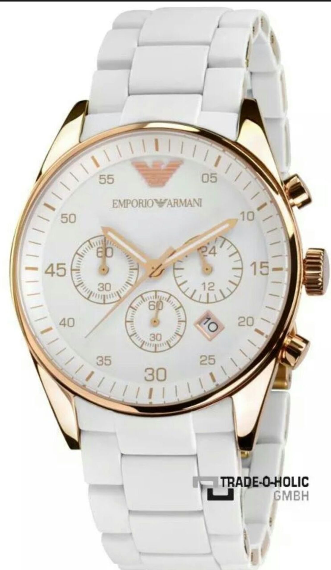 BRAND NEW EMPORIO ARMANI AR5920, LADIES SPORTIVO CHRONOGRAPH WATCH, WITH A WHITE SILICONE OVER STEEL