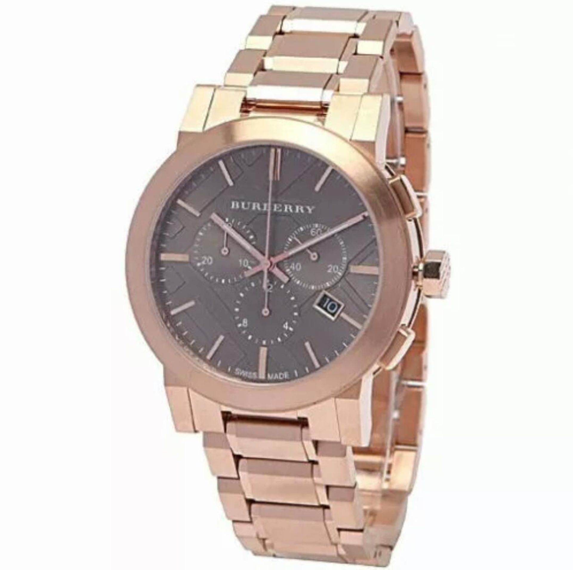 BRAND NEW BURBERRY BU9353, GENTS TAUPE DIAL ROSE GOLD CHRONOGRAPH WATCH, WITH A ROSE GOLD BRACELET -
