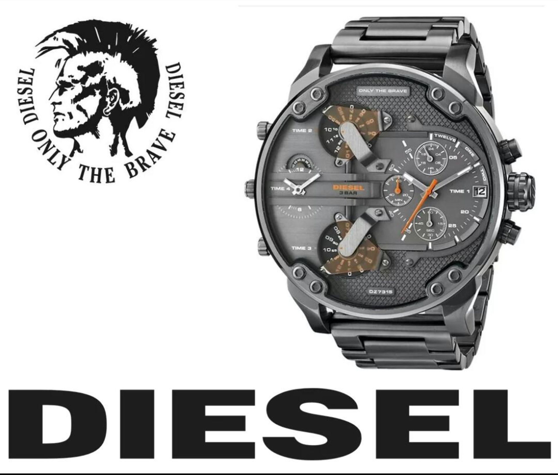 BRAND NEW DIESEL DZ7315, GENTS MR DADDY MULTI TIME ZONE, GUN METAL BRACELET CHRONOGRAPH WATCH -