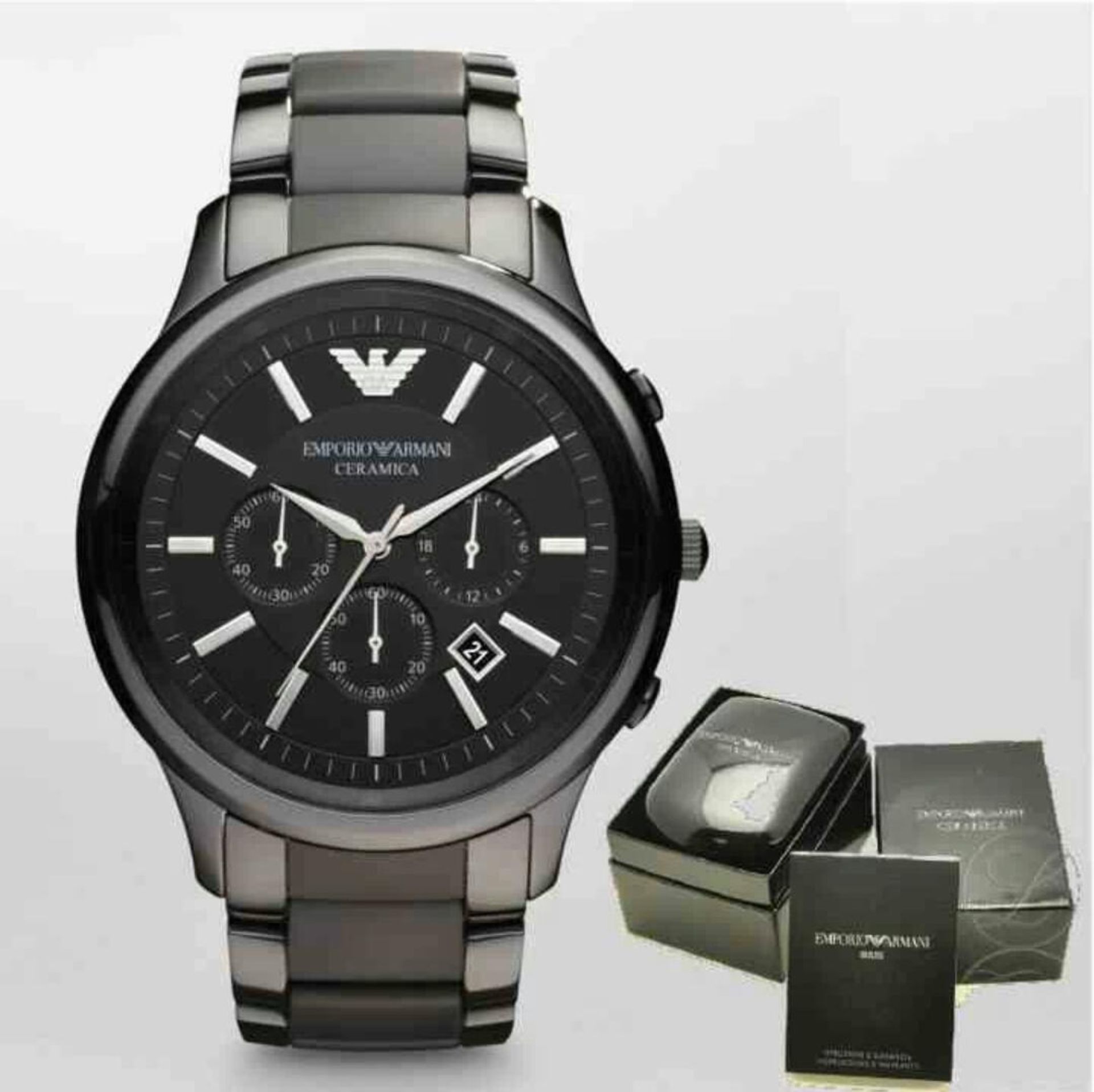 BRAND NEW EMPORIO ARMANI AR1451, GENTS BLACK CERAMICA CHRONOGRAPH WATCH, WITH BLACK CERAMIC BRACELET