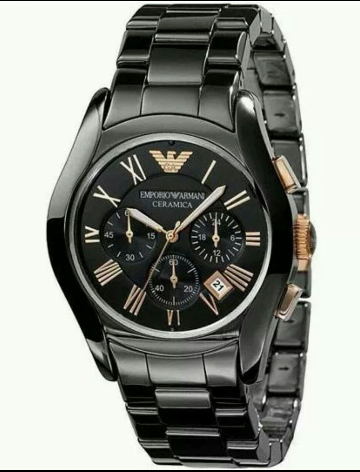 BRAND NEW EMPORIO ARMANI AR1410, GENTS BLACK CERAMICA CHRONOGRAPH WATCH, WITH A BLACK CERAMIC