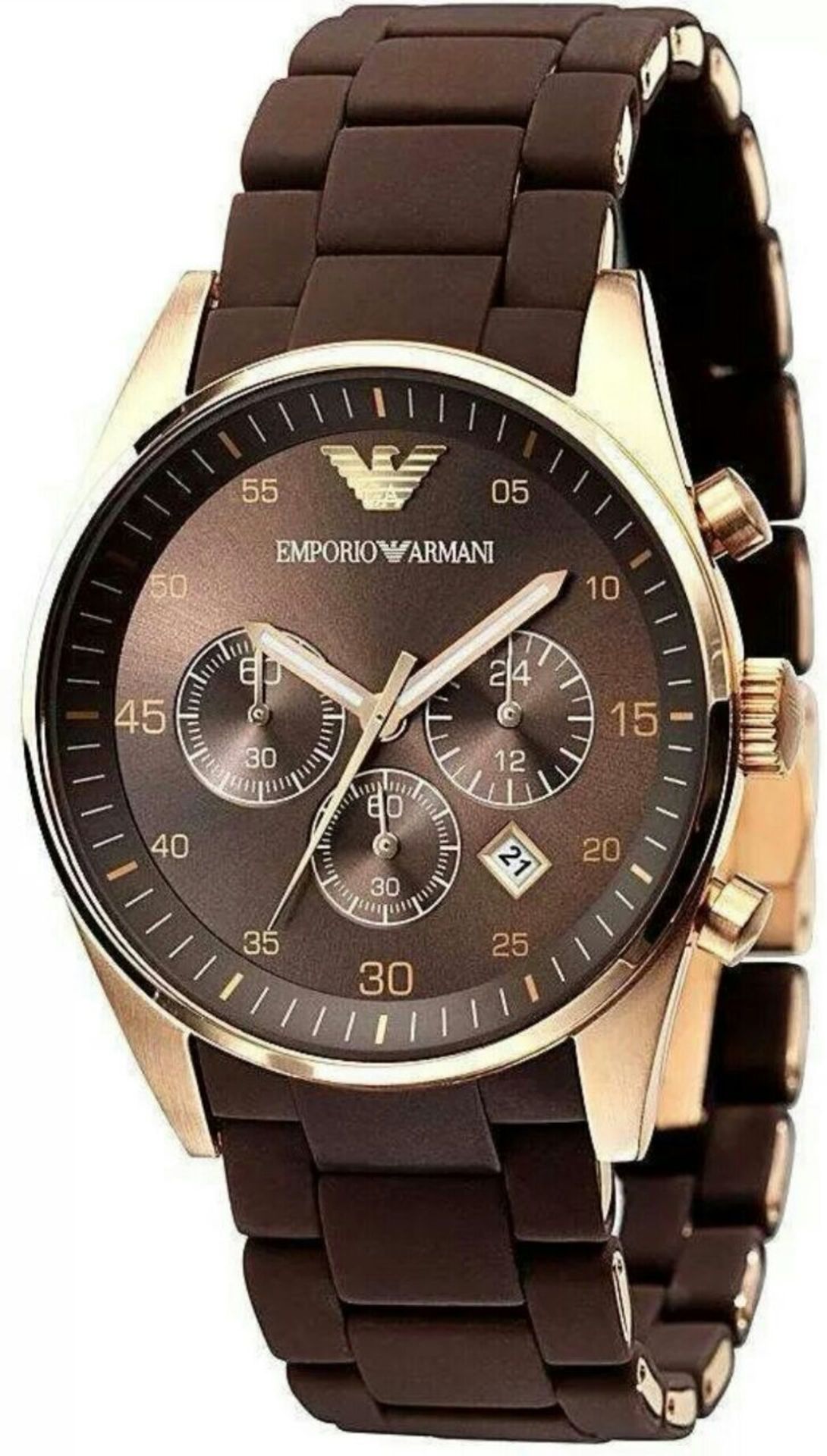 BRAND NEW EMPORIO ARMANI AR5891, LADIES SPORTIVO CHRONOGRAPH WATCH, WITH A BROWN SILICONE OVER STEEL