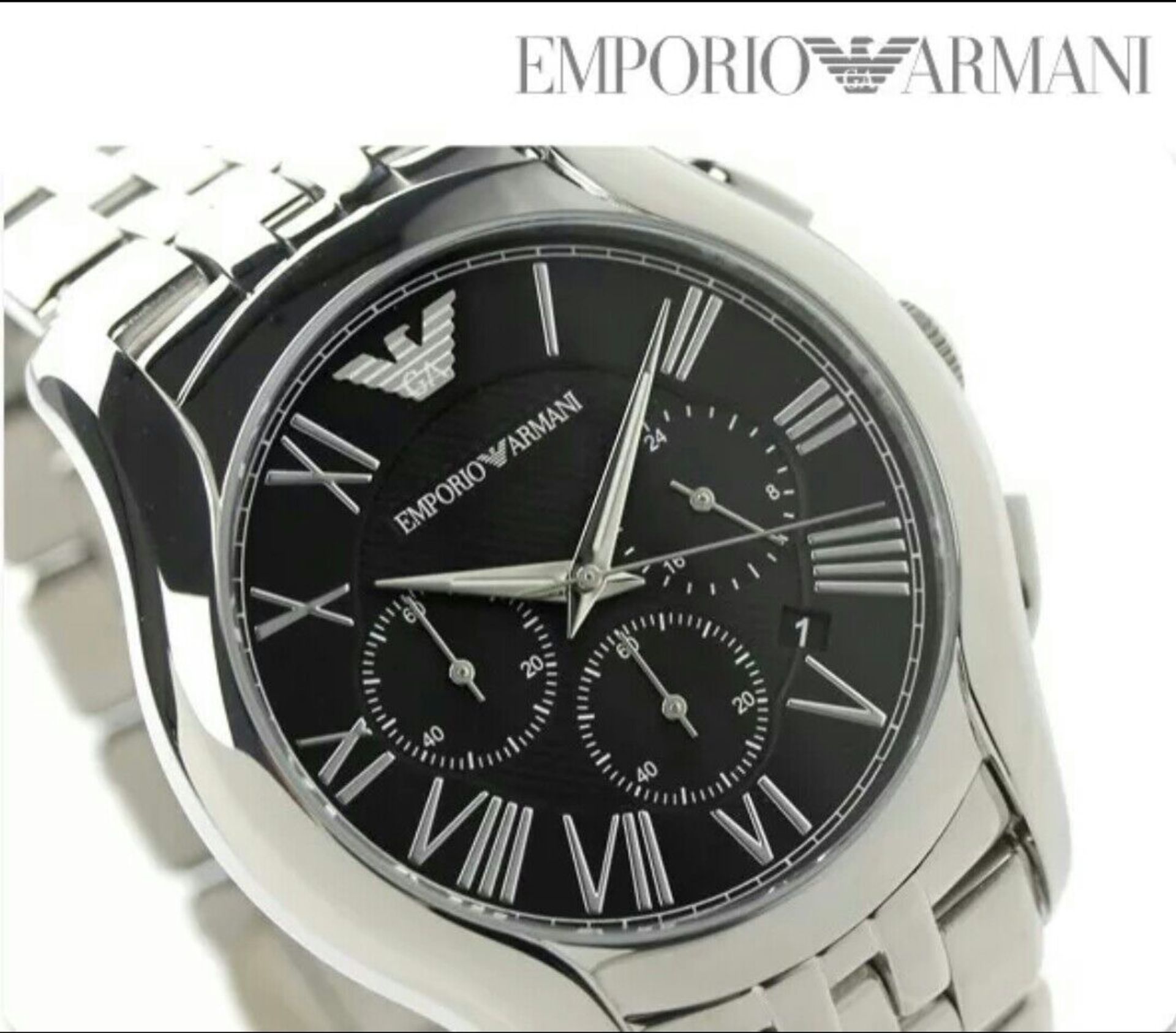 BRAND NEW EMPORIO ARMANI AR1786, GENTS POLISHED STAINLESS STEEL BRACELET WATCH, WITH A BLACK