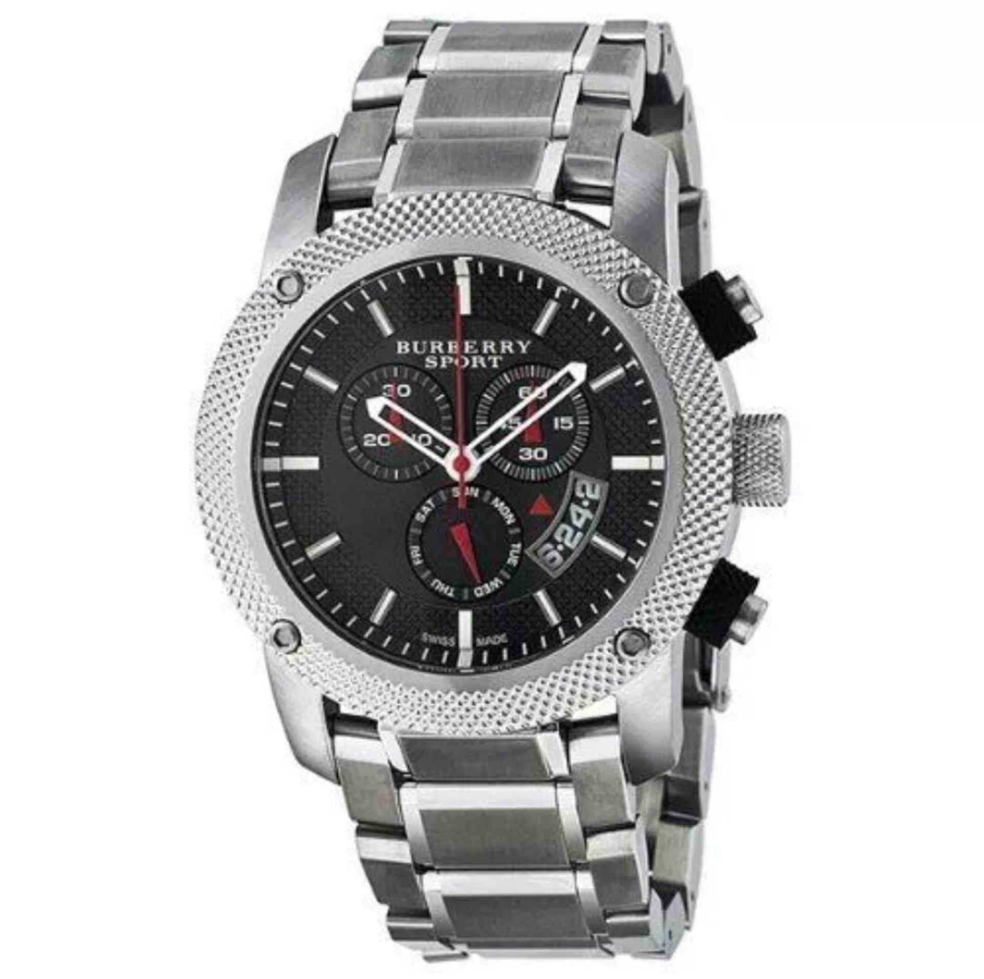 BRAND NEW BURBERRY BU7702,GENTS CHRONOGRAPH ROUND DIAL SPORTS WATCH, WITH A BLACK DIAL AND SILVER