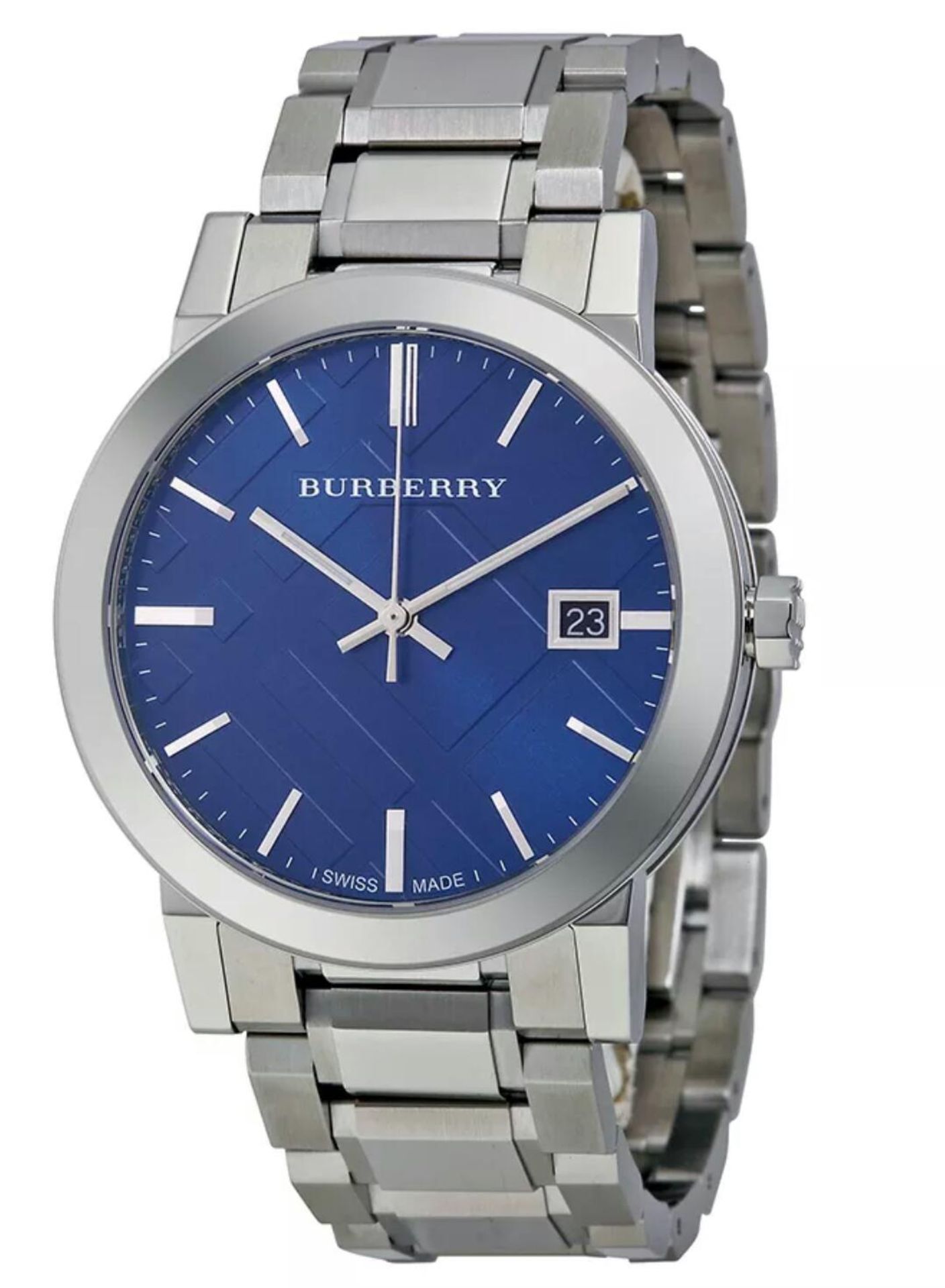 BRAND NEW BURBERRY BU9031, GENTS LARGE CHECK STAMPED , BLUE FACE DESIGNER WATCH - RRP £499, FREE P&P