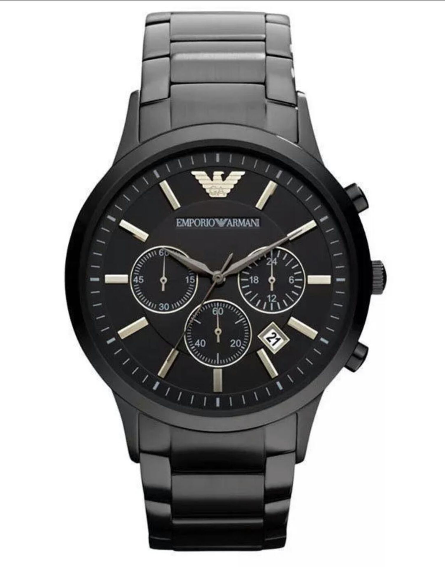 BRAND NEW EMPORIO ARMANI AR2453, GENTS ION PLATED CHRONOGRAPH WATCH, WITH A BLACK CIRCULAR DIAL -