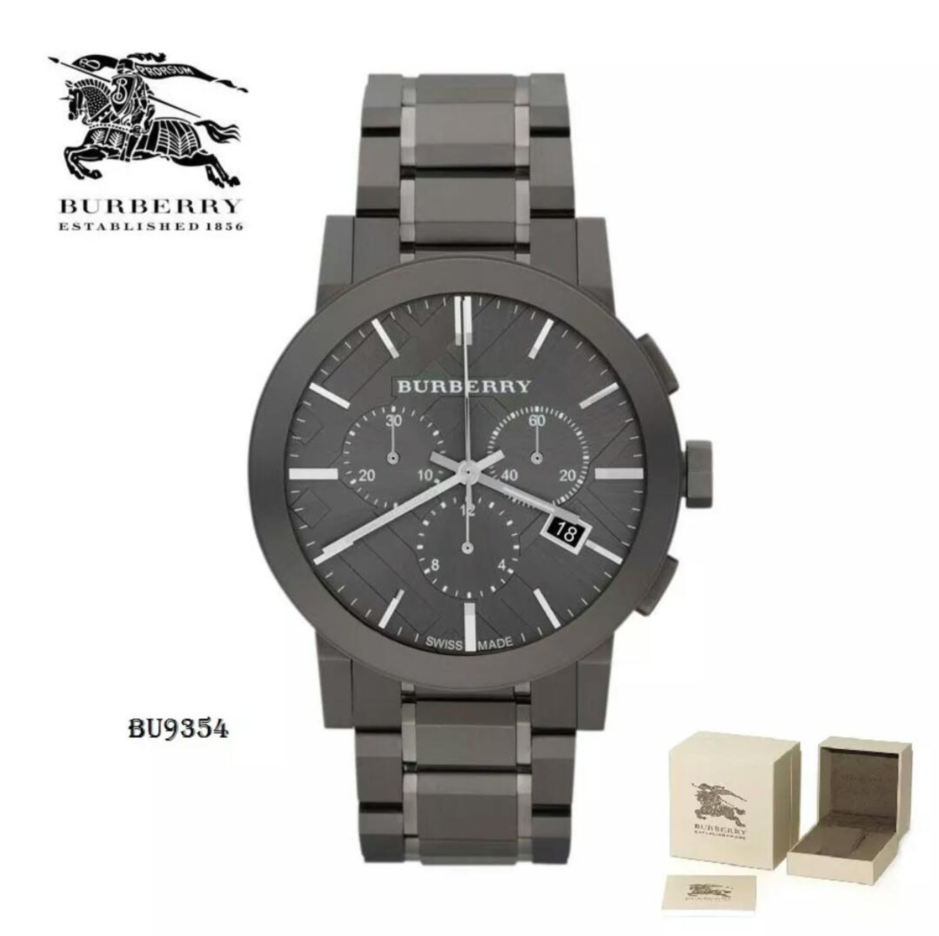 BRAND NEW BURBERRY BU9354,GENTS LARGE CHECK GREY ION PLATED STAINLESS STEEL CHRONOGRAPH WAT - RRP £