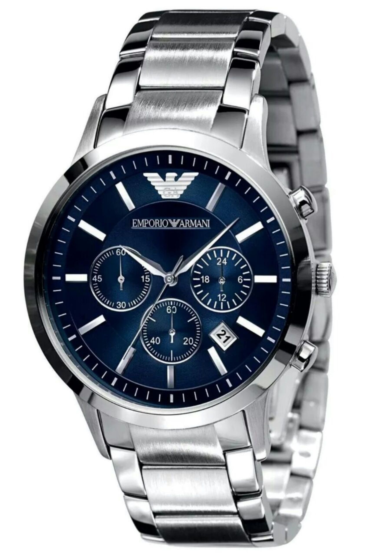 BRAND NEW EMPORIO ARMANI AR2448, GENTS POLISHED STAINLESS STEEL BRACELET WATCH, WITH BLUE CIRCULAR