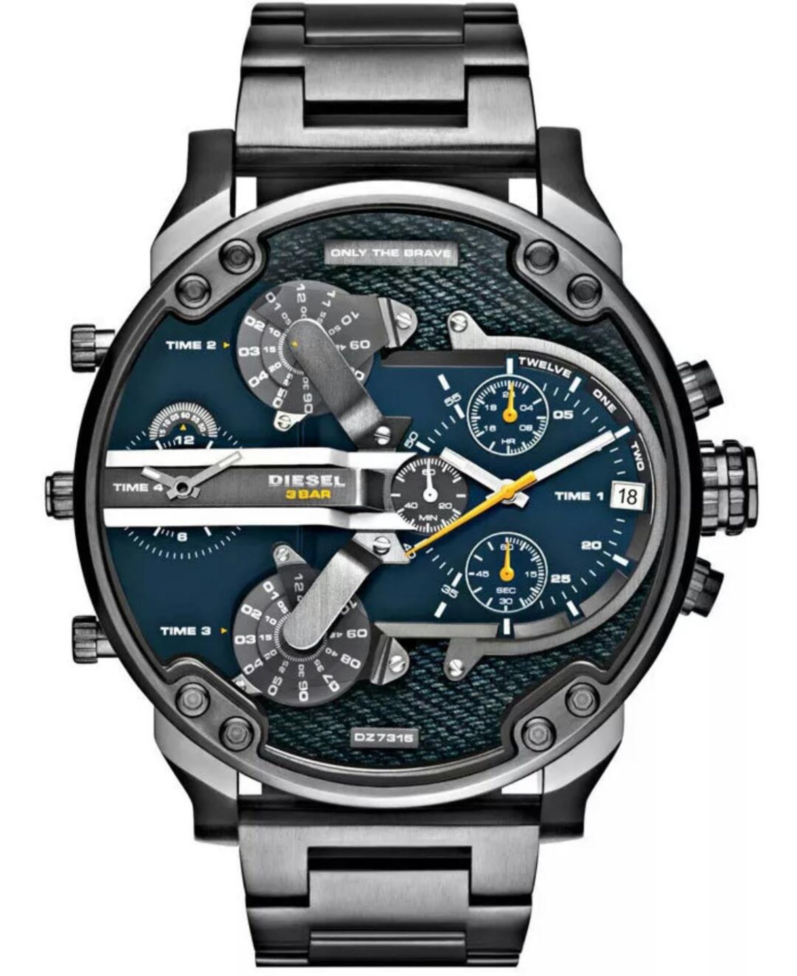 BRAND NEW DIESEL DZ7331, GENTS MR DADDY GUNMETAL BRACELET, BLUE DENIM FACE , MULTI TIME ZONE