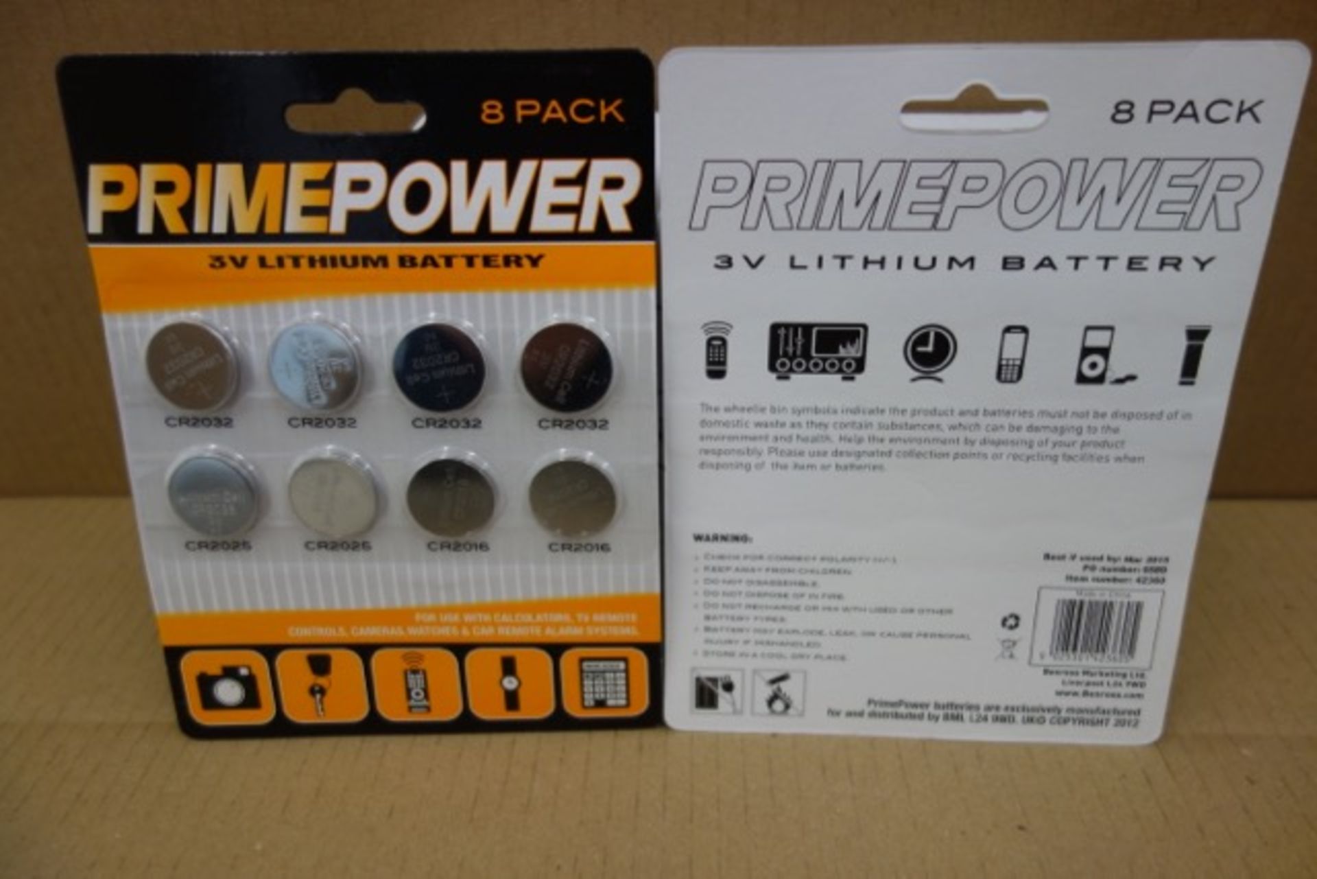 240 x Prime Power 8 Pack 3V Litium Battery Packs. Use to power: Watches, Calculators, TV Remotes,