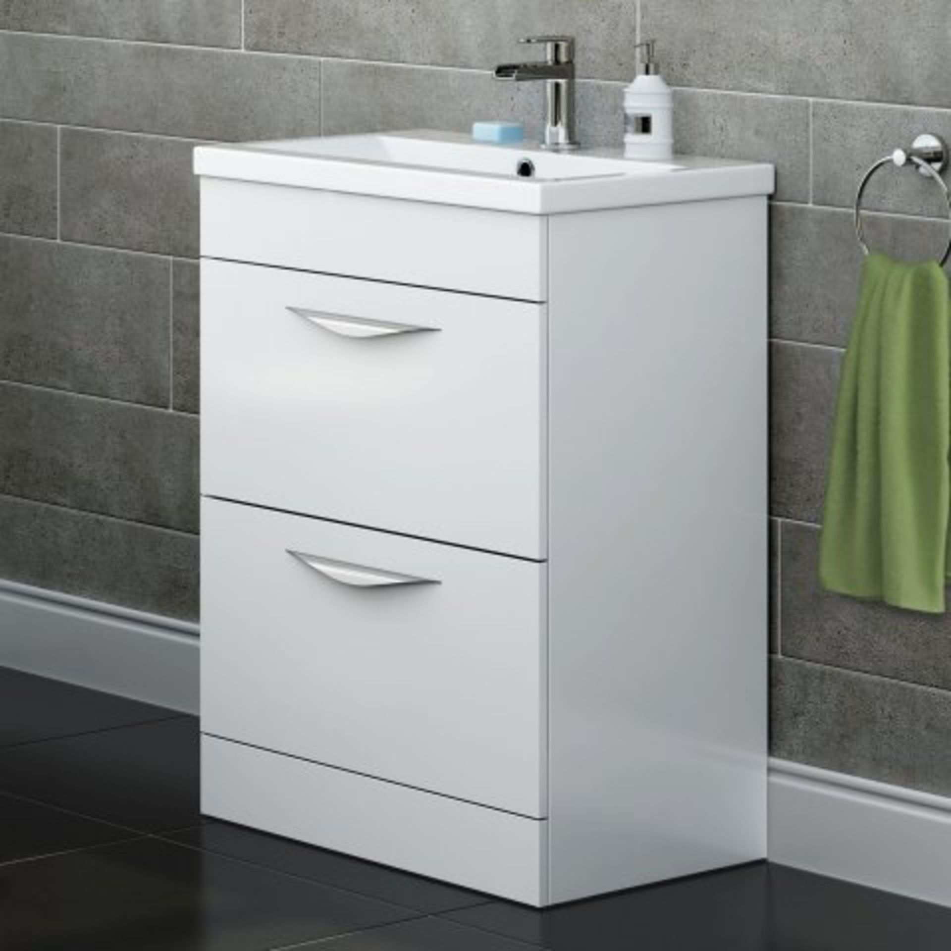 (SKU21) 600mm Severn High Gloss White Double Drawer Basin Cabinet - Floor Standing. RRP £269.99.