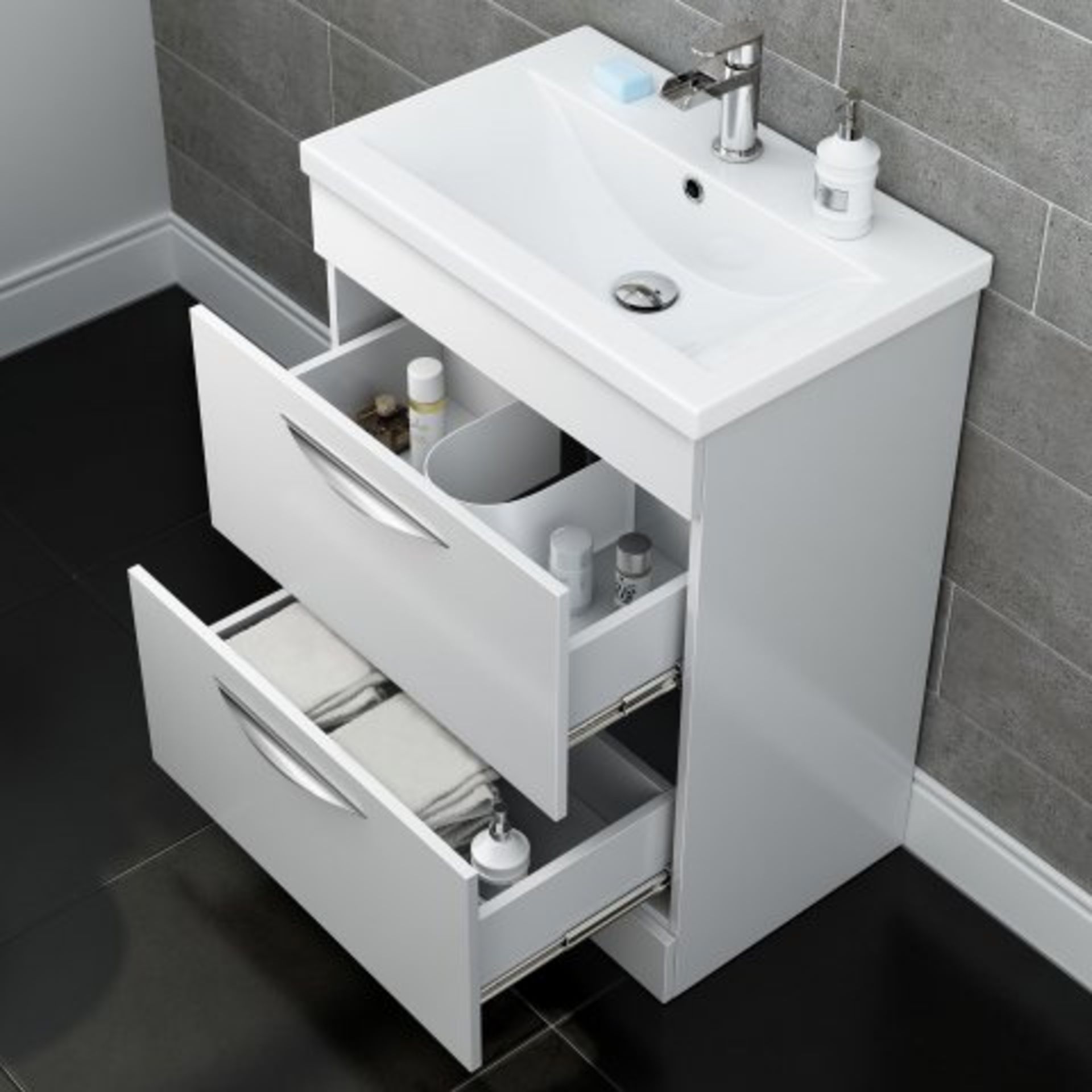 (SKU21) 600mm Severn High Gloss White Double Drawer Basin Cabinet - Floor Standing. RRP £269.99. - Image 2 of 3