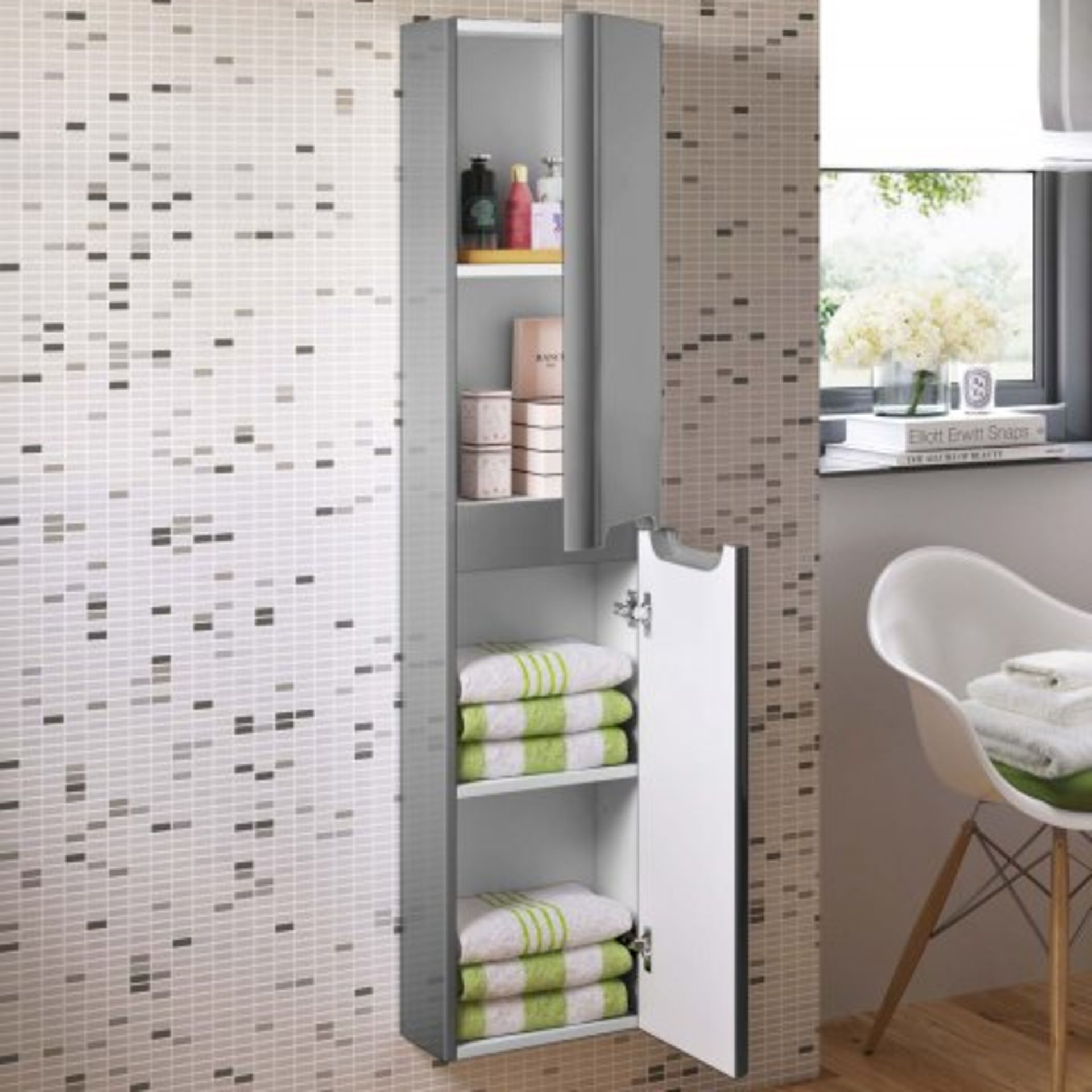 (SKU40) 1400mm Tuscany Gloss Grey Tall Storage Cabinet - Wall Hung. RRP £299.99. With its - Image 2 of 3