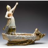 LARGE ANTIQUE ROYAL VIENNA MOTHER & CHILD ON FISHING BOAT FIGURE C.1895