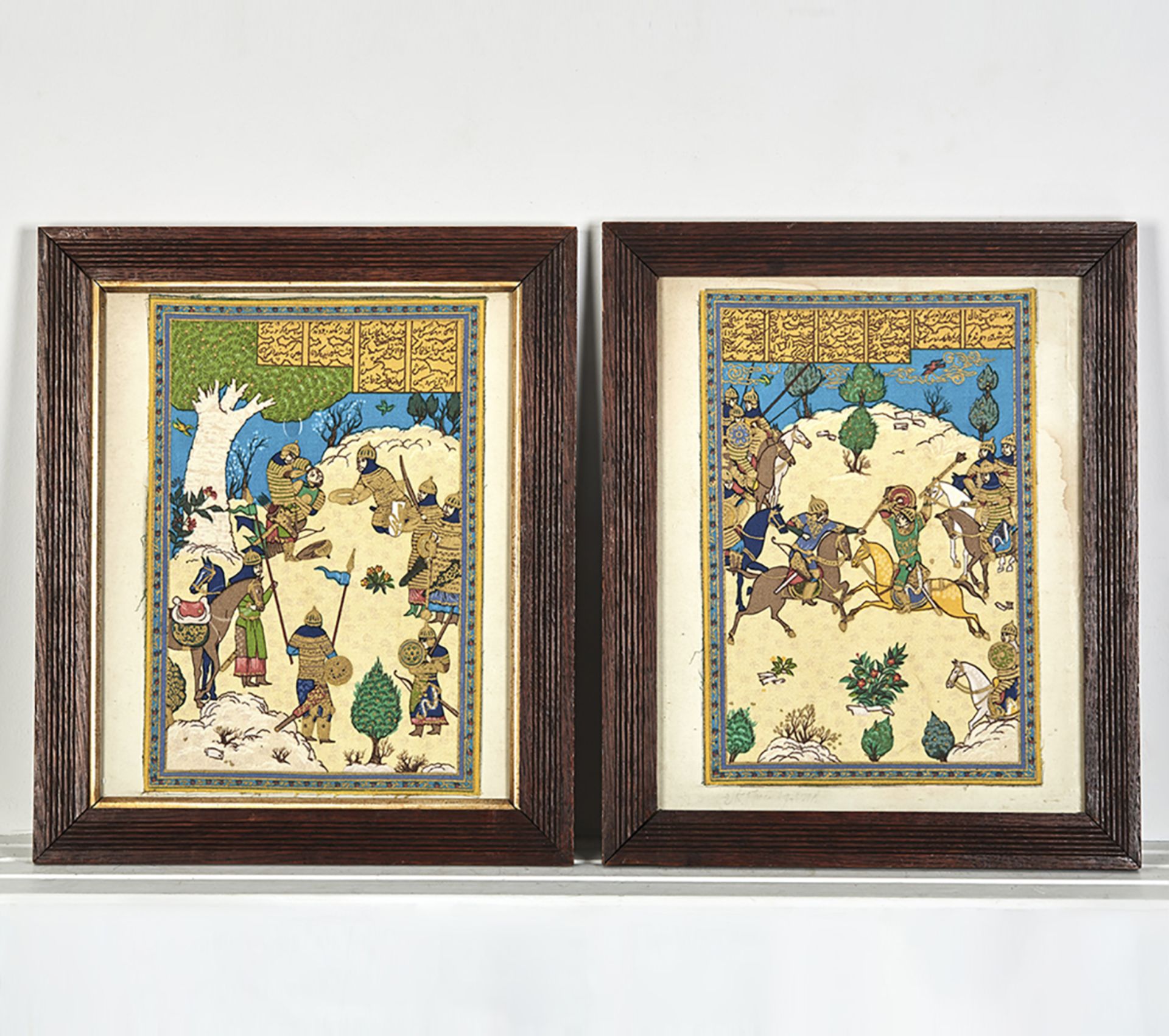 PAIR PERSIAN HUNTING SCENES ON FABRIC, EARLY 20TH C. - Image 8 of 8