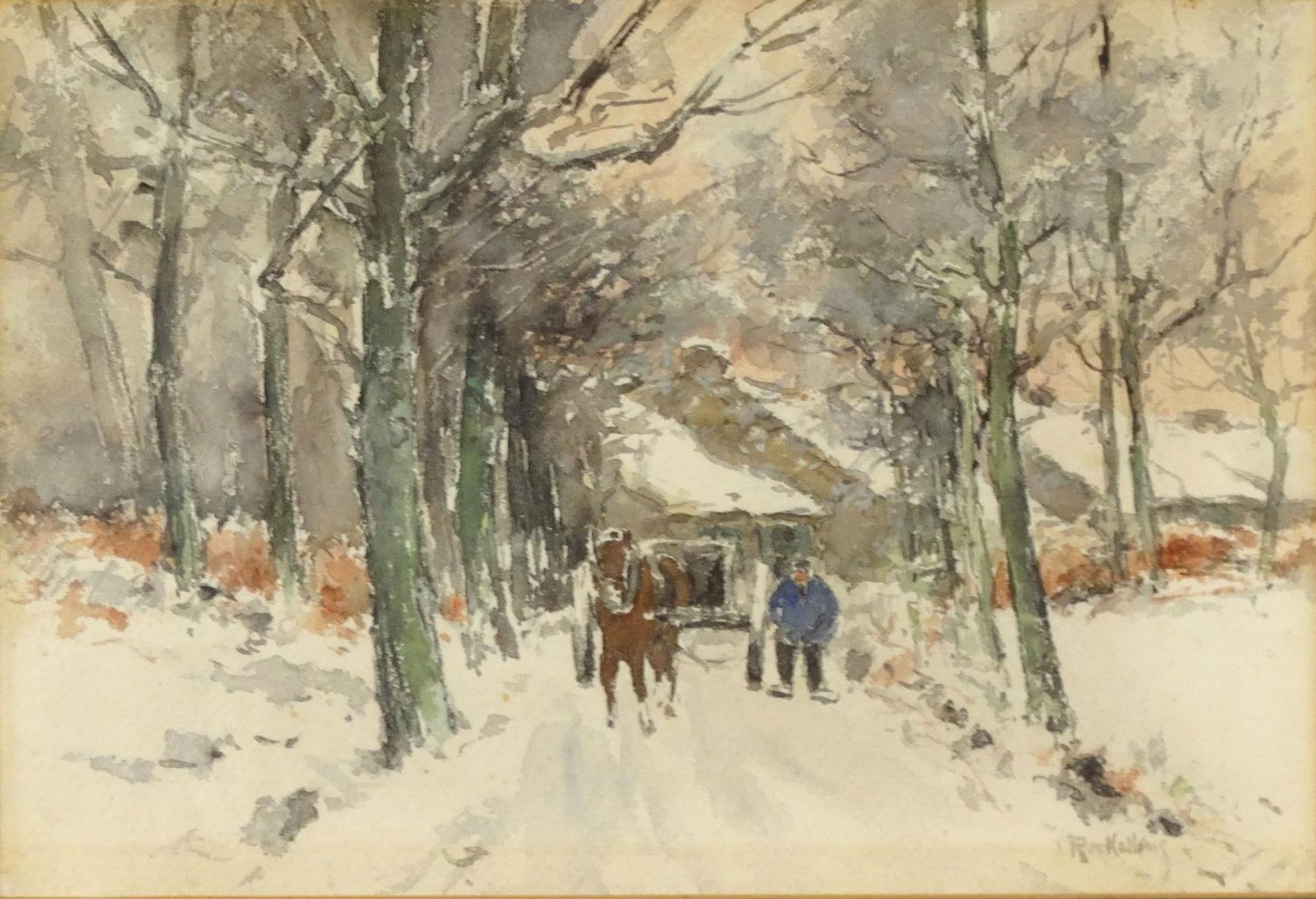 Louis Reckelbus - Watercolour snow scene of a horse and cart in a tree-lined avenue - Image 2 of 4