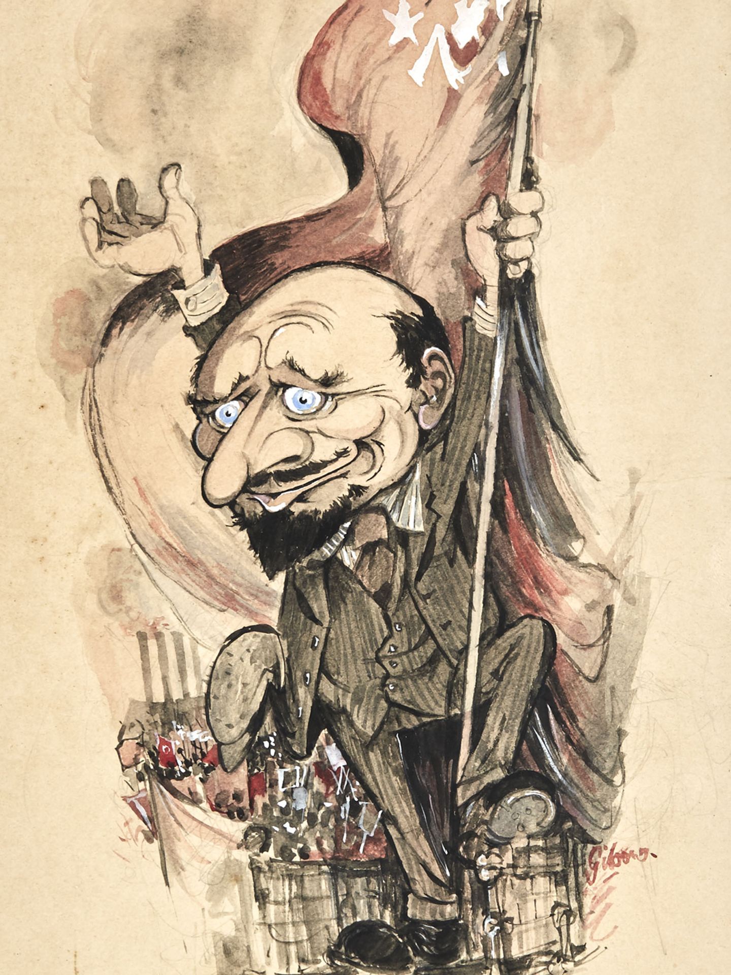 CARICATURE OF LENIN, PENCIL AND WATERCOLOUR, SIGNED GIBONS - Image 2 of 6