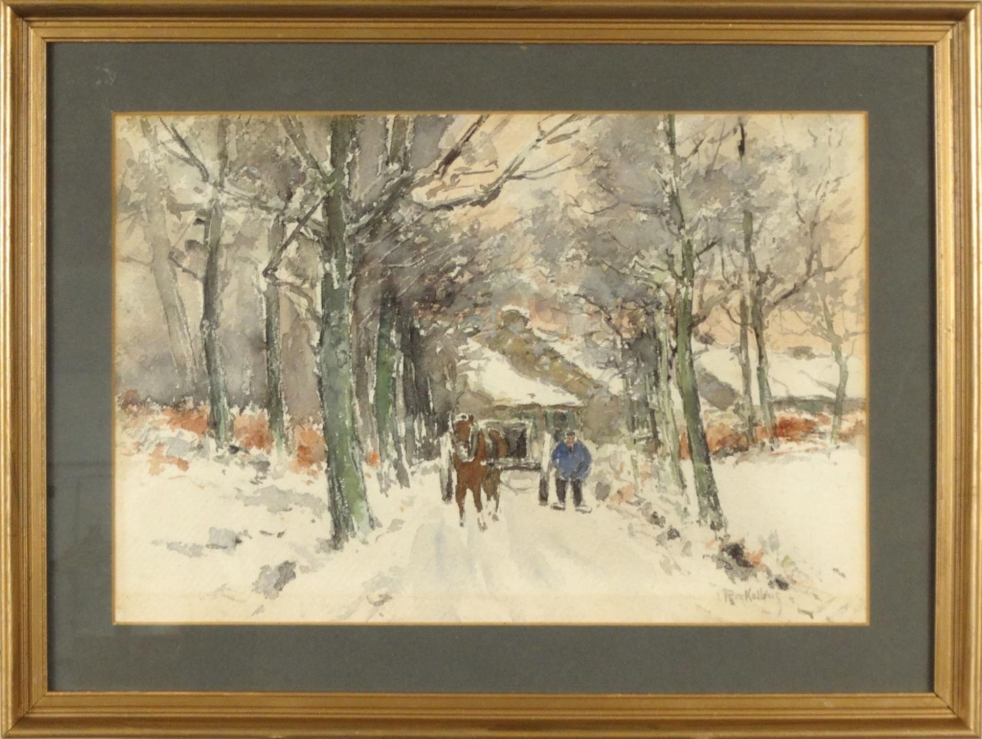 Louis Reckelbus - Watercolour snow scene of a horse and cart in a tree-lined avenue