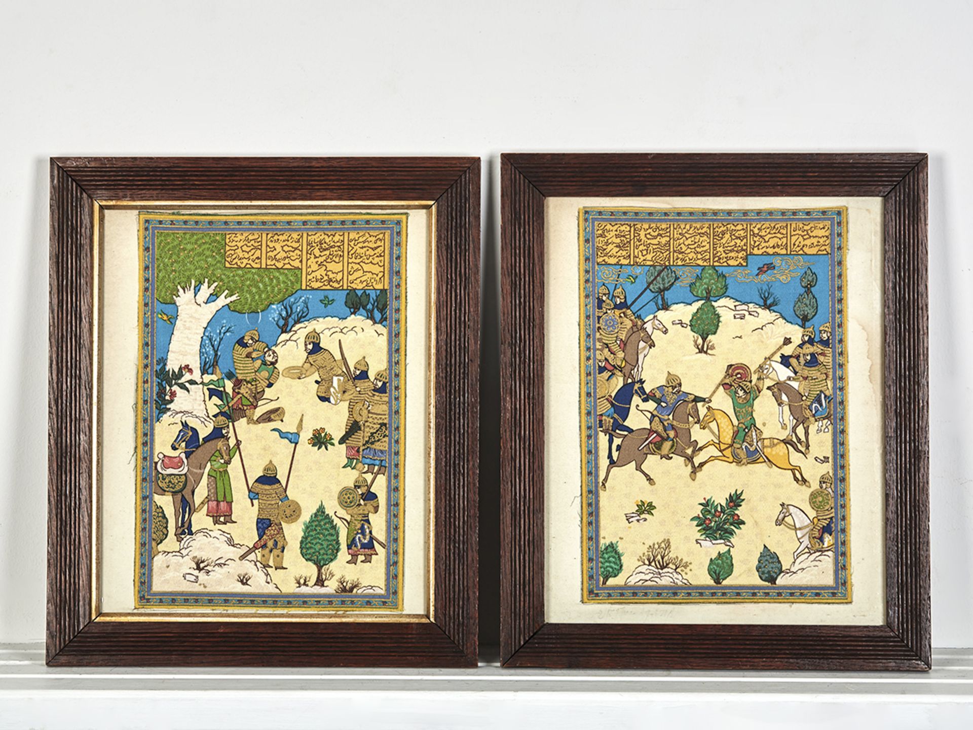 PAIR PERSIAN HUNTING SCENES ON FABRIC, EARLY 20TH C.