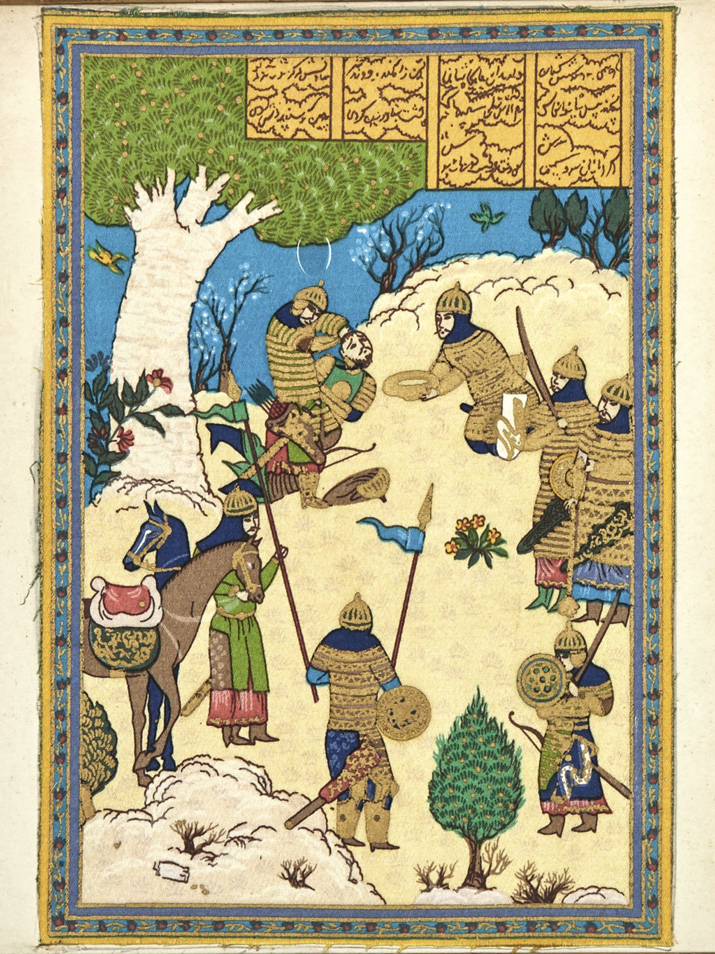 PAIR PERSIAN HUNTING SCENES ON FABRIC, EARLY 20TH C. - Image 2 of 8