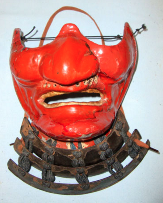 Ancient Japanese Mid Edo Period Iron Face Mask Armour & 3 Piece Bevor-yodare-kake Throat Guard.