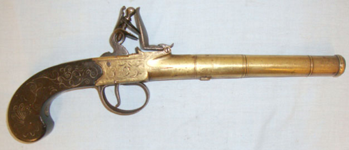 1780-1812, English, .574” Bore, Brass Frame Flintlock Pistol By Chance & Homer