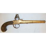 1780-1812, English, .574” Bore, Brass Frame Flintlock Pistol By Chance & Homer