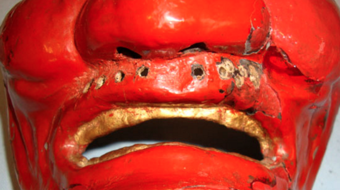 Ancient Japanese Mid Edo Period Iron Face Mask Armour & 3 Piece Bevor-yodare-kake Throat Guard. - Image 3 of 3