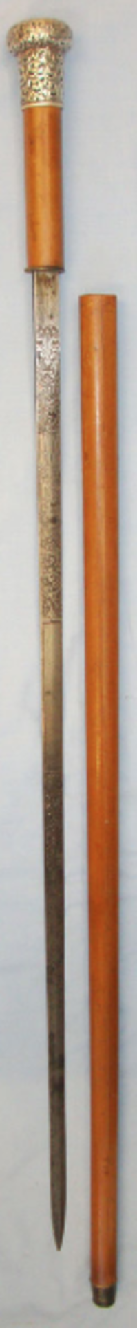 Edwardian Gentleman’s Mallaca Sword Stick With Sterling Silver, HM Ball Top Handle & Etched Blade - Image 3 of 3