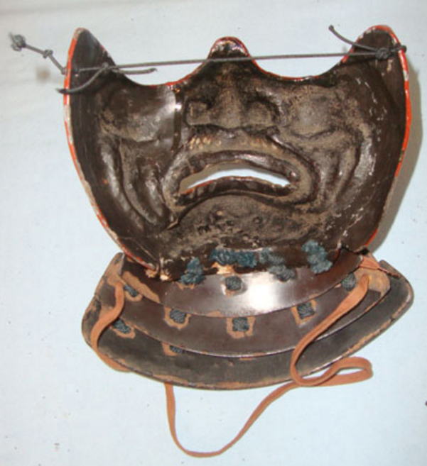 Ancient Japanese Mid Edo Period Iron Face Mask Armour & 3 Piece Bevor-yodare-kake Throat Guard. - Image 2 of 3