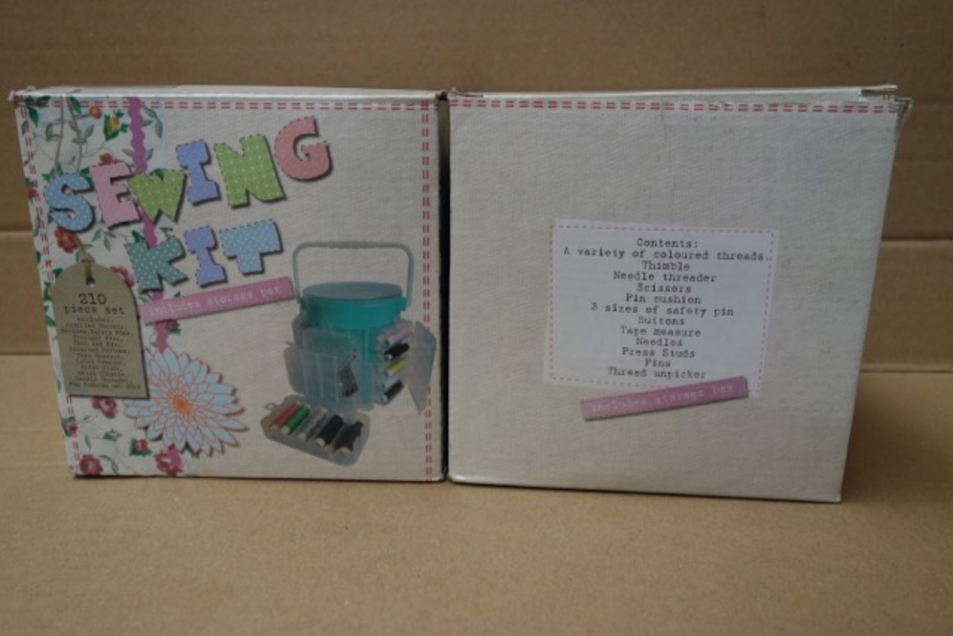 36 x 210 Piece Sewing Kits. Each Kit Includes: storage box, assorted threads, needles, safety