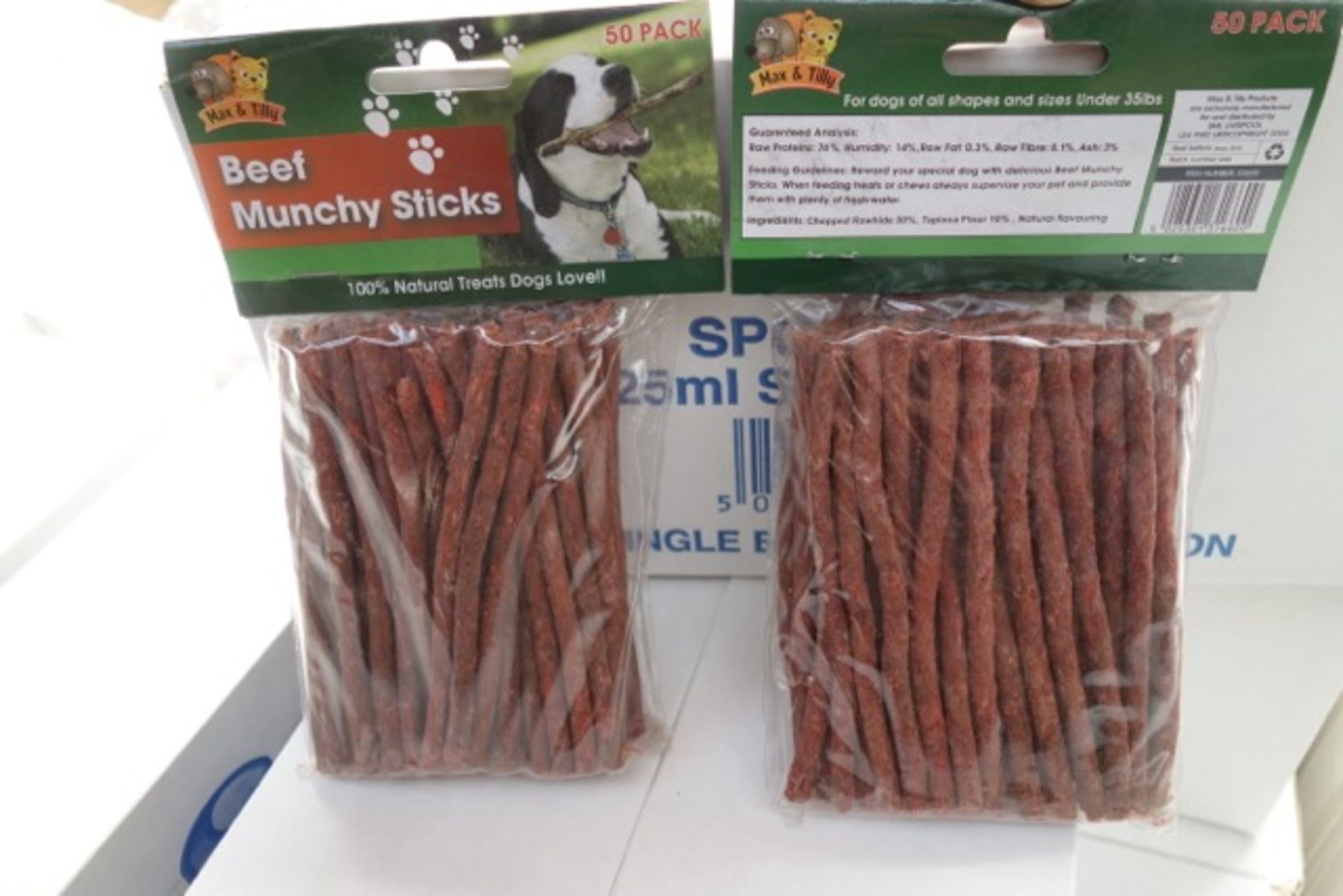 96 x Packs of 50 Max & Tilley Beef Munch Sticks. 100% natural treats, dogs love! RRP £2.99 per pack,