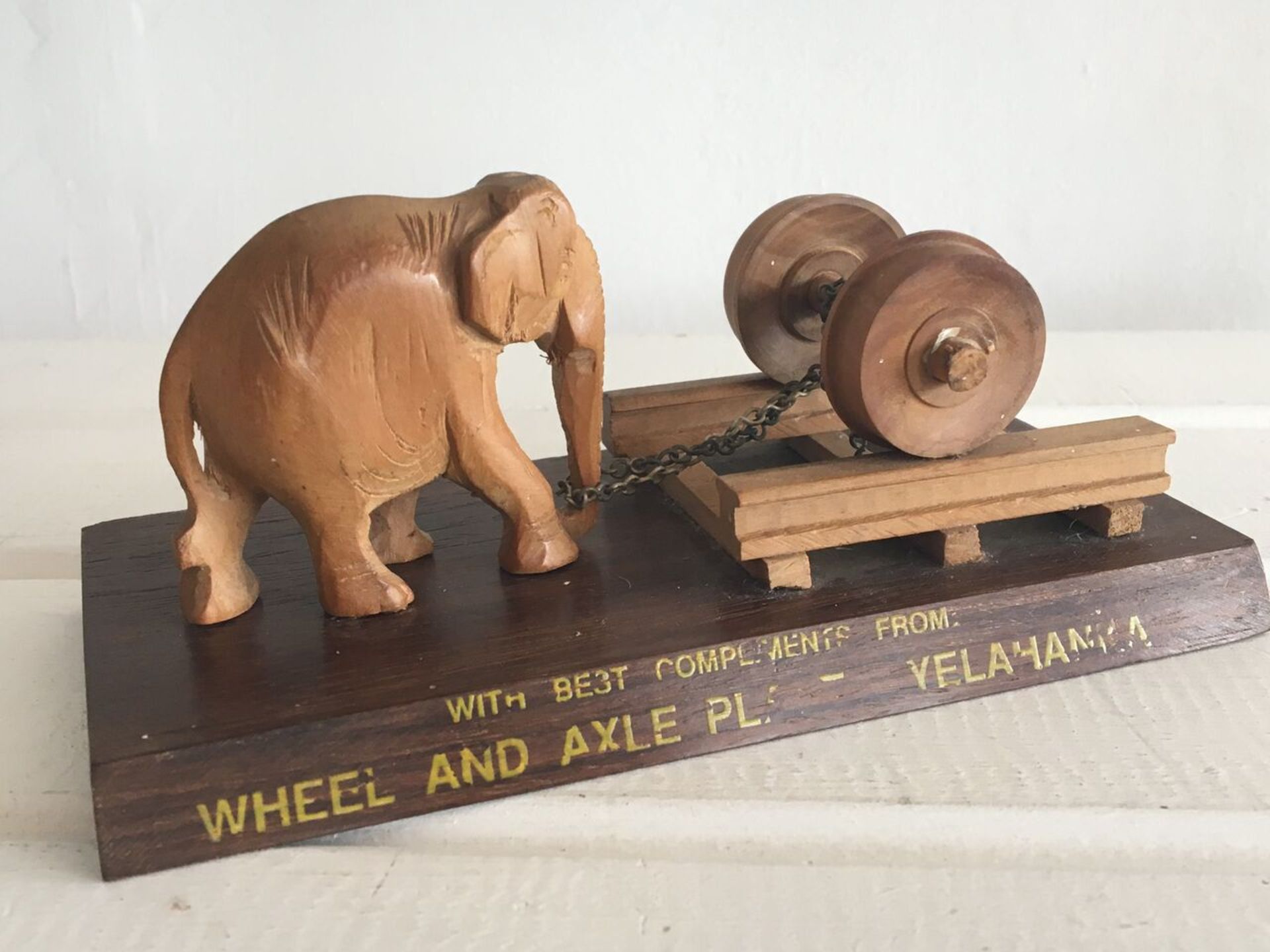 VINTAGE INDIAN TREEN CARVED WOOD ELEPHANT TROPHY - ADVERTISING - COMPLIMENTS FROM WHEEL AND AXLE - Image 3 of 3