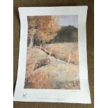 A LIMITED EDITION LIONEL EDWARDS PRINT DEPICTING A FOX IN AN AUTUMN LANDSCAPE. APPROX 66 X 50CM.