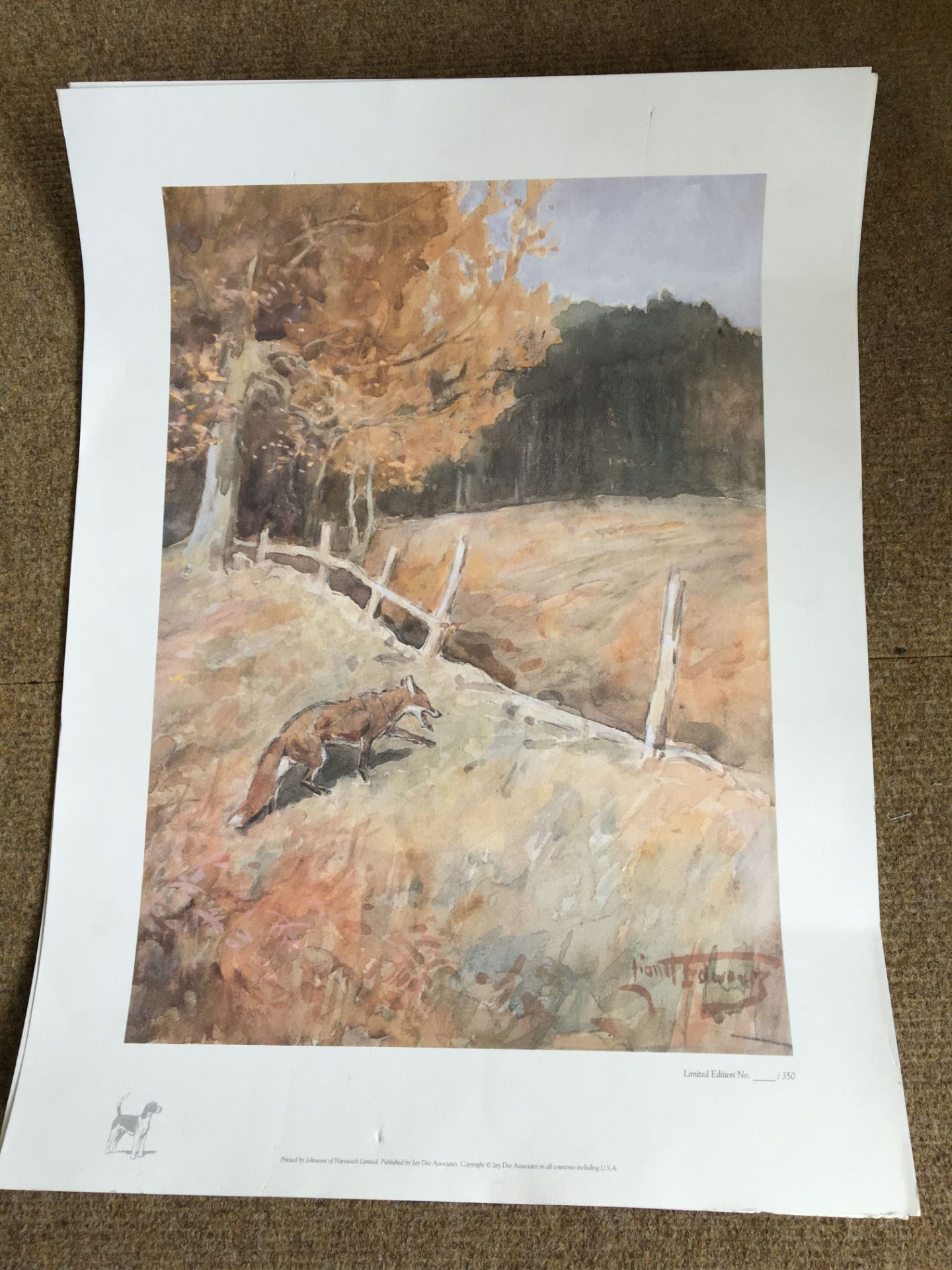 A LIMITED EDITION LIONEL EDWARDS PRINT DEPICTING A FOX IN AN AUTUMN LANDSCAPE. APPROX 66 X 50CM.