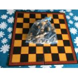 VINTAGE GAME BOARD WITH A LARGE QUANTITY OF WOODEN PLAYING PIECES - CHESS AND DRAUGHTS. FREE UK