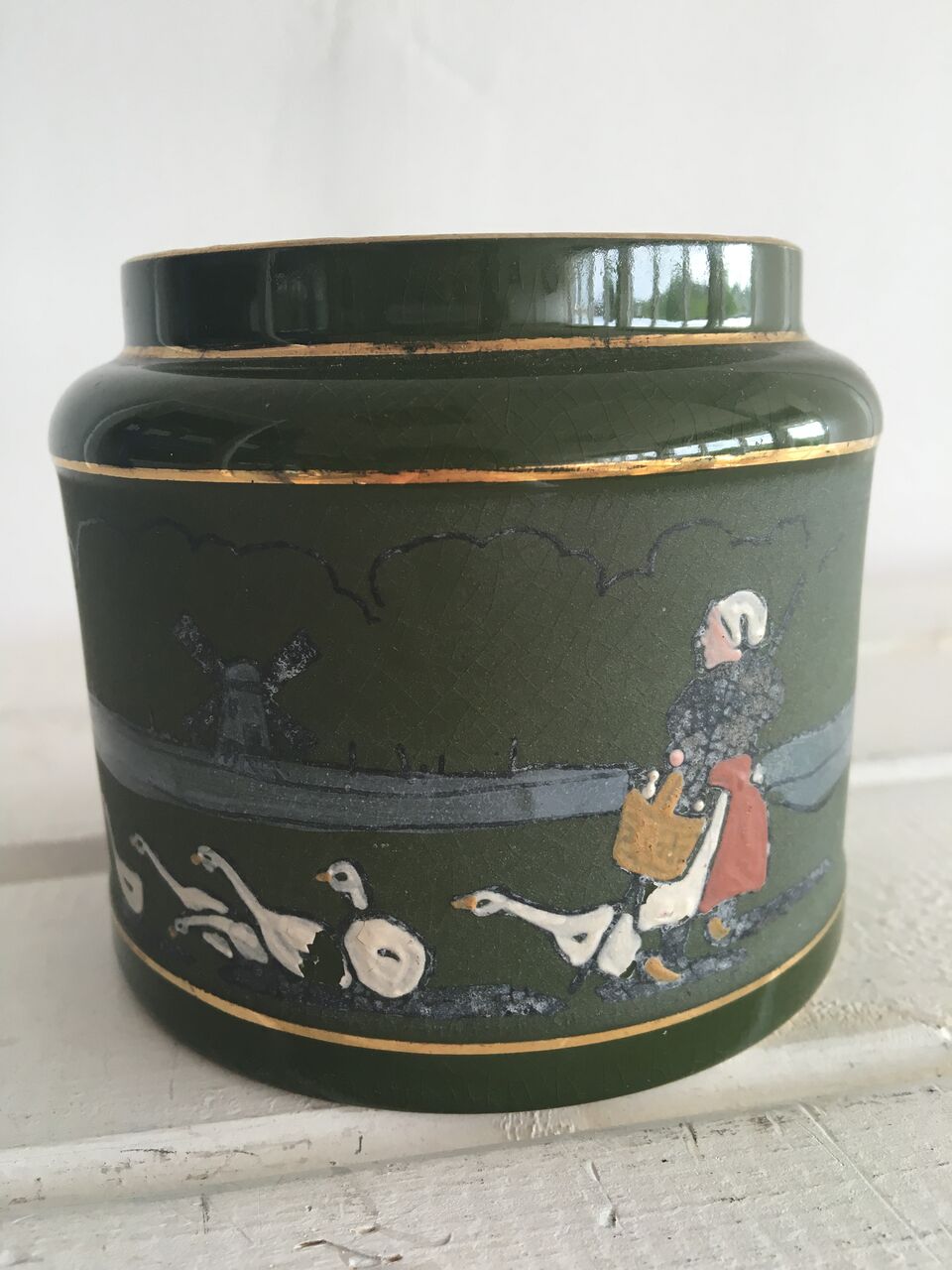 ANTIQUE LATE 19THc JAR BY TAYLOR TUNNICLIFF & CO, HAND PAINTED/ENAMELLED DUTCH SCENE, PRINTED &