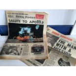 ORIGINAL 1969 NEWSPAPER - MOON LANDING SOUVENIR COPY WITH COLOURED PICTURES TOGETHER WITH ONE OTHER.