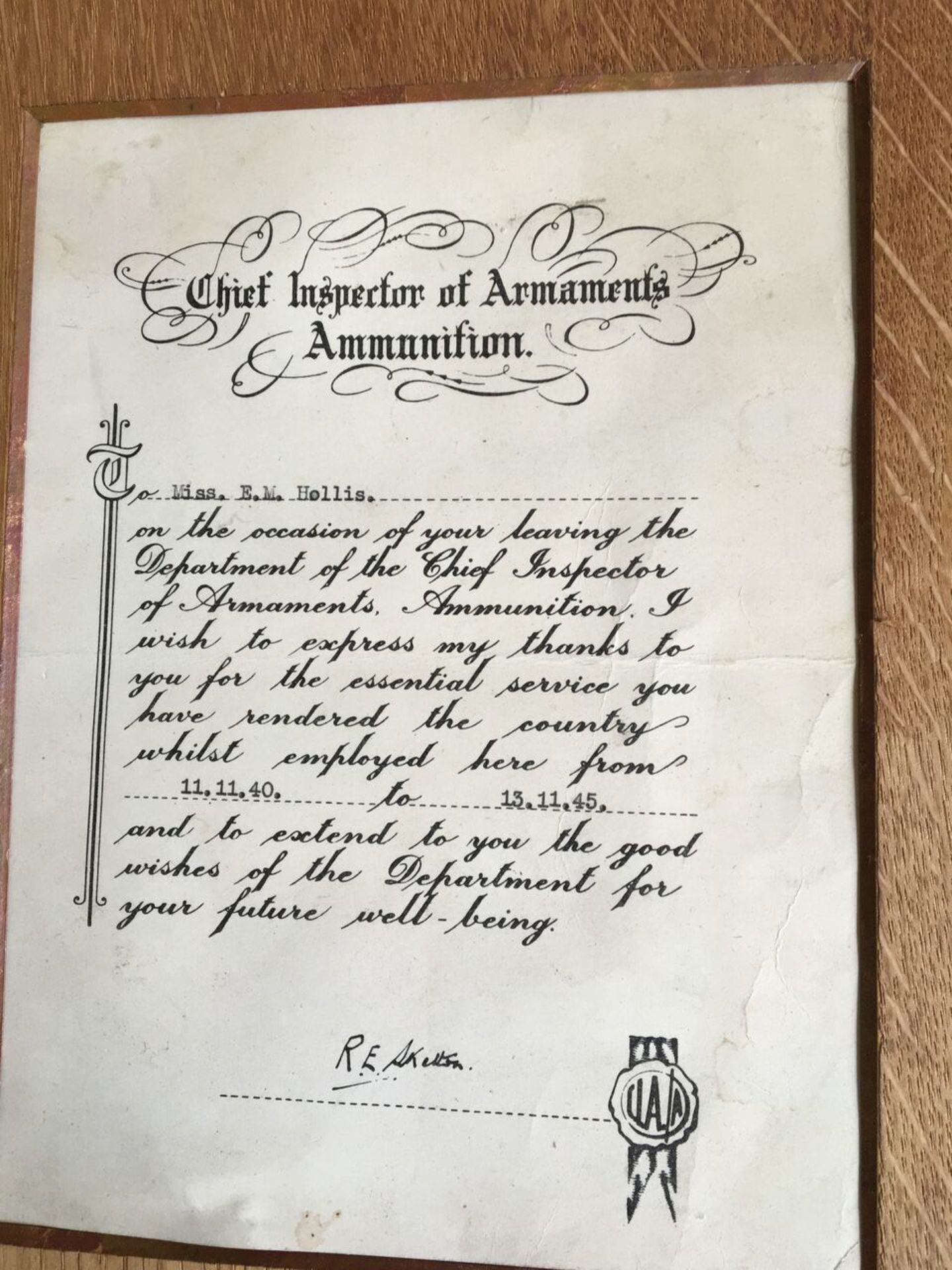 FRAMED WWII LETTER / CERTIFICATE FROM THE CHIEF INSPECTOR OF ARMAMENTS AMMUNITION. TO MISS E M - Image 2 of 3